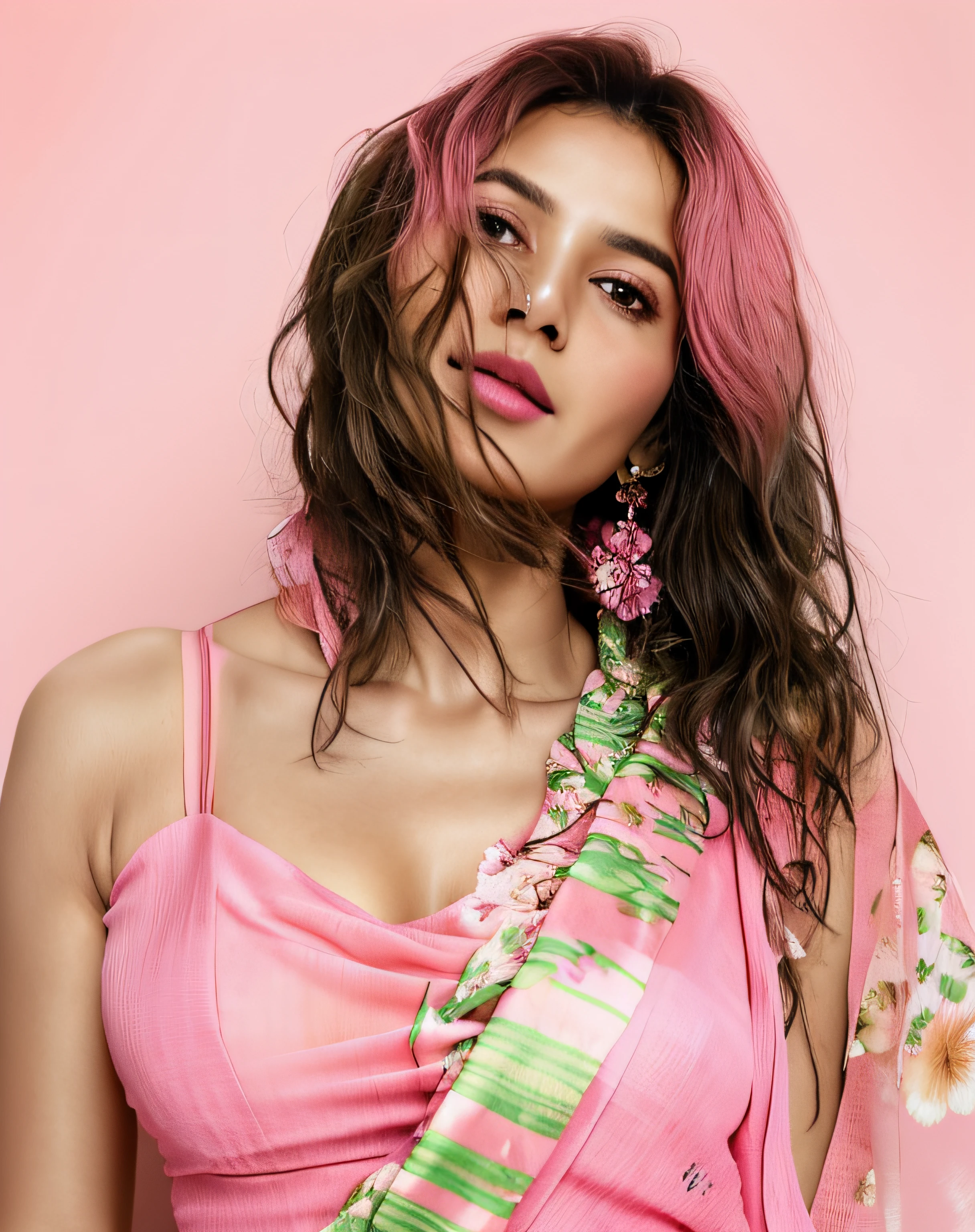 araffed woman in a pink top and floral scarf, draped in fleshy green and pink, stylish pose, pr shoot, beautiful look, pink, actress, beautiful cute, beautiful, beautifull, very seductive pose, candid picture, photoshoot, * colour splash *, gorgeous lady, wonderful scene, promo image, sensuous, beutiful, with a cool pose