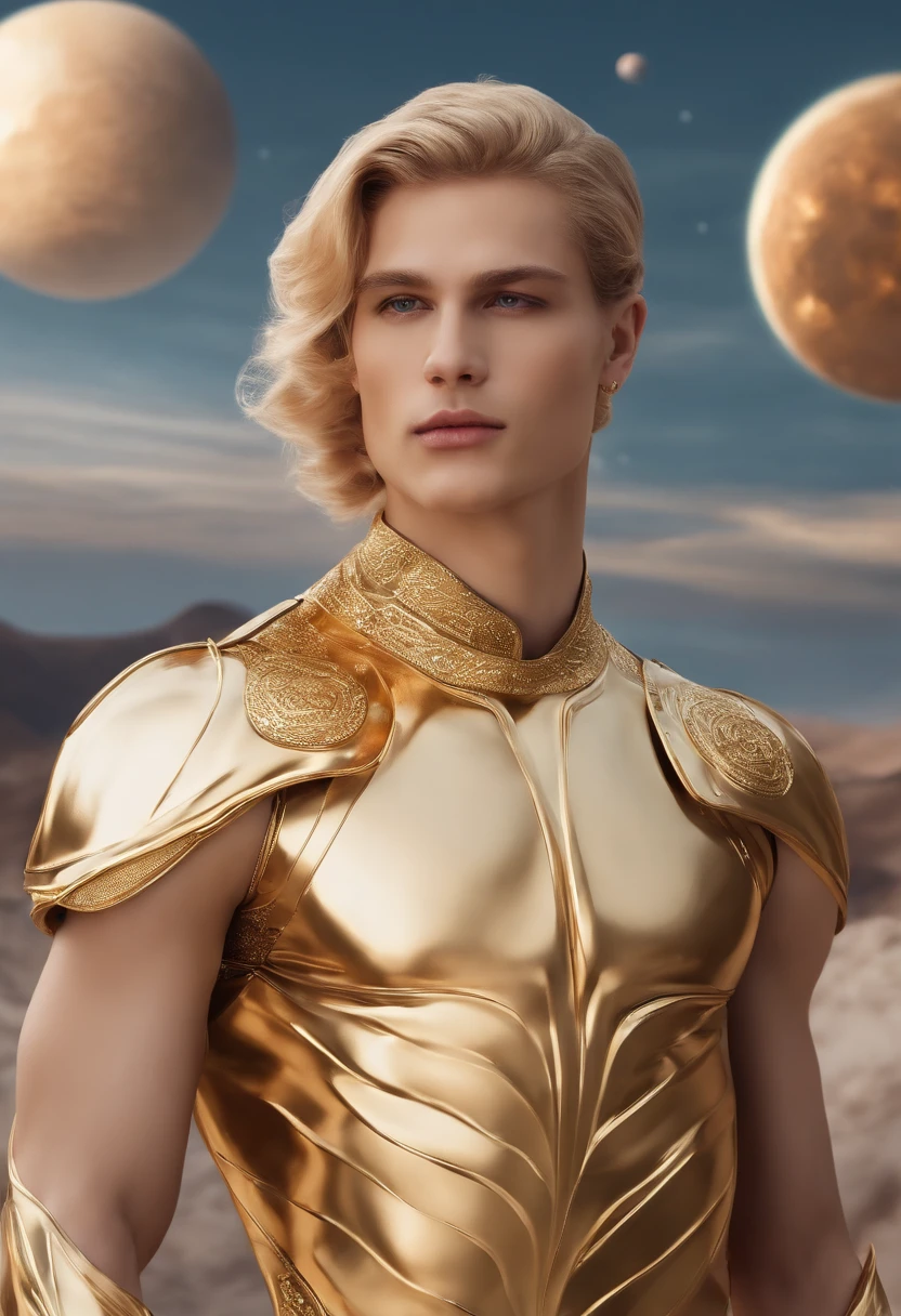 A young man in a golden tights,sense of science and technology,Ultra-clear bust,Neutral in appearance,hermaphroditism,The most attractive face in the world,blond hairbl,Europe,Three-dimensional facial features,詳細な目,Soft lips,Planets floating in outer space and in the background,Shine in space,cinematric light,tmasterpiece,People wallpapers,Highly refined,3Drenderingof。