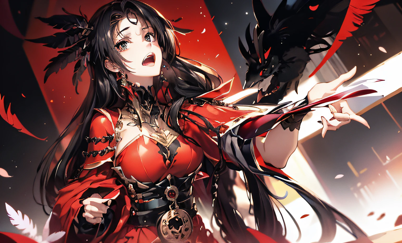 Ahri de League of Legends, foto do corpo todo, perfect hands, cabelos pretos e longos, nine fox tails on the tailbone, orelhas de raposa pretas, roupa de samurai vermelha, papel de parede, fundo em Iona, rosto sexy oriental, cabelos pretos escuros, imagem horizontal, celular, realista