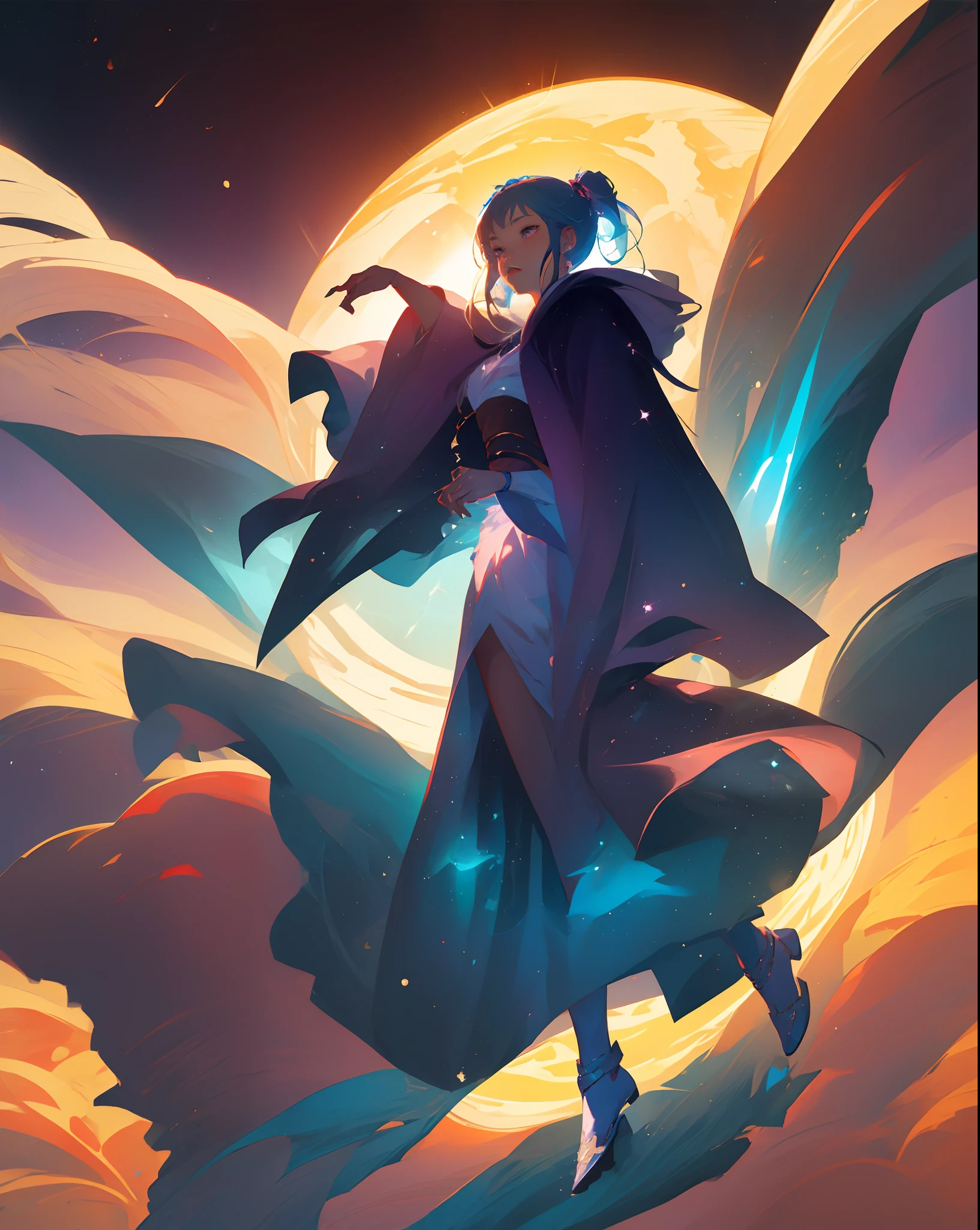 Anime girl, magical essence, new moon, solar eclipse, energetic aura,