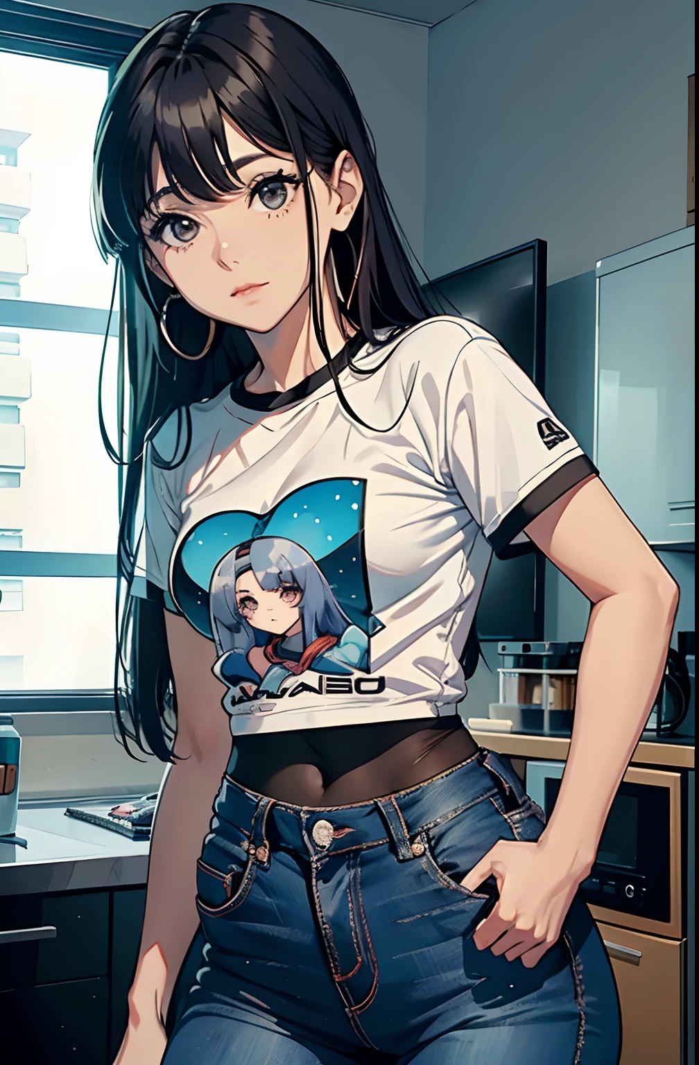(Hinata Hyuga, muito sensual, com roupas apertadas, bunda grande, pernas grossas, Wearing extremely tight jeans, usando uma mini blusa, umbigo com pirsing, cabelo grande, Speaker behind, muito realista, extremamente sexy, 8k, 8k extremamente detalhado), (um extremamente delicado e bonito), (obra-prima), (melhor qualidade: 1.0), (ultra highres:1.0)