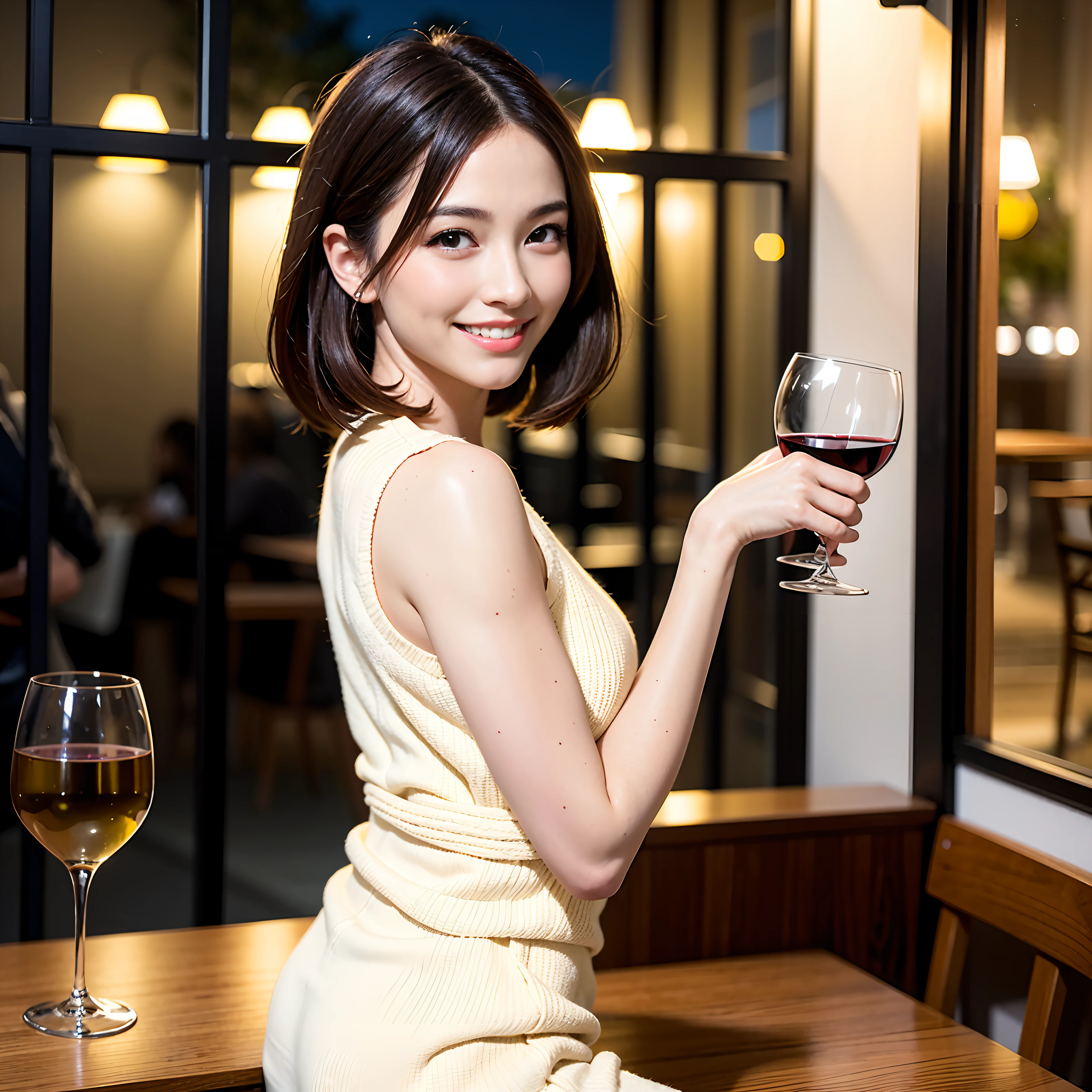 (64K, UHD, top quality, masterpiece: 1.2), (realistic, photorealistic: 1.37), super detailed, pretty woman 1 person, (slim face), (slim body), (brown hair), (short cut), cheeks slightly blushing, (35 years old), 38 years old, solo, beautiful detailed urban night view outside the window, restaurant, wine glasses sit, at night, in a prominent place (from the waist up) NovaFrogStyle, Actress, Model, Waist Up, White Wine, Slim, Wine Glass, Super Clean Night View, Wine Glass Put in the Middle, Happy Smile, (Smile: 1.15), Beautiful Fine Eyes, Upper Body, Bust Japan Up, Night, Short, Short, Actress, Model, Waist Up, White Wine, Slim, Wine Glass, Super Clean Night View, Wine Glass Put in the Middle, Happy Smile,