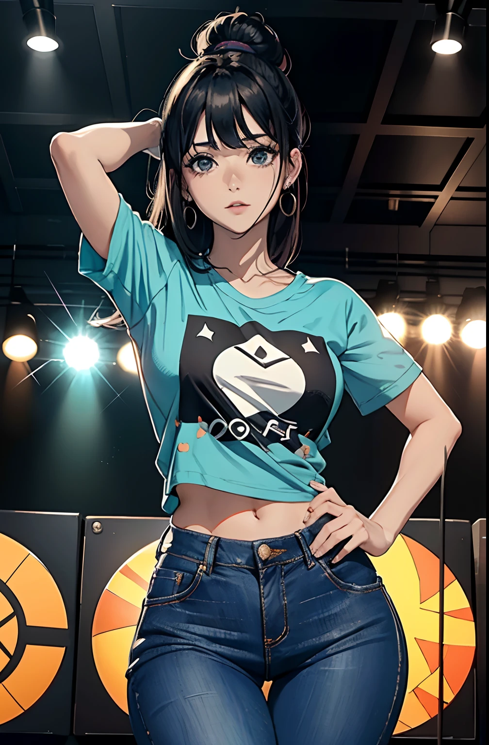 (Hinata Hyuga, muito sensual, com roupas apertadas, bunda grande, pernas grossas, Wearing extremely tight jeans, usando uma mini blusa, umbigo com pirsing, cabelo grande, Speaker behind, muito realista, extremamente sexy, 8k, 8k extremamente detalhado), (um extremamente delicado e bonito), (obra-prima), (melhor qualidade: 1.0), (ultra highres:1.0)