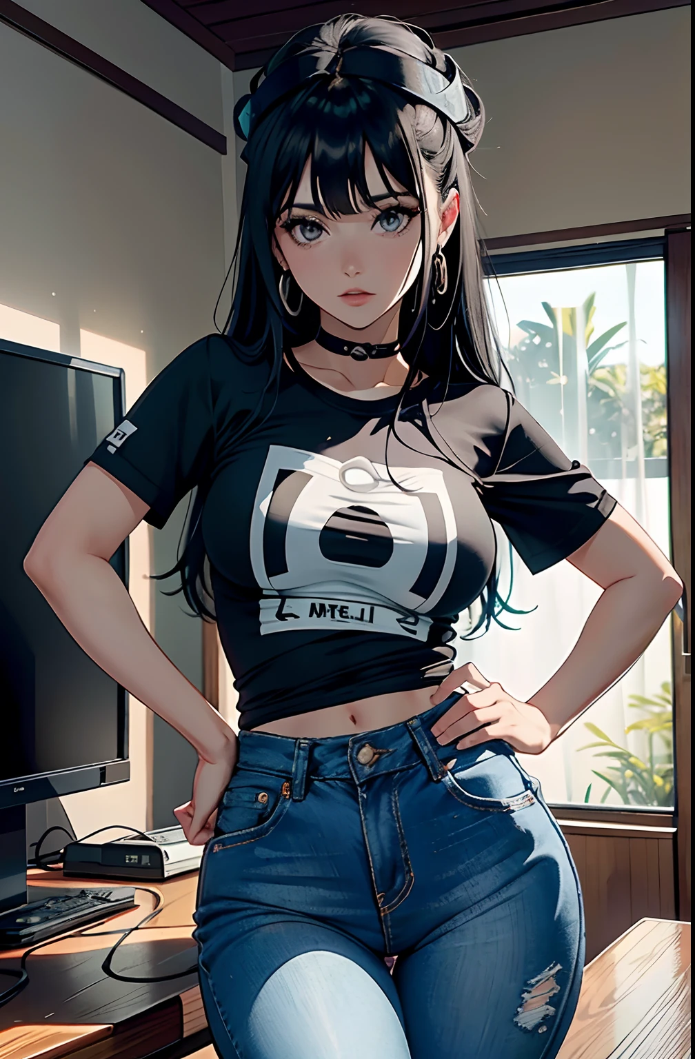 (Hinata Hyuga, muito sensual, com roupas apertadas, bunda grande, pernas grossas, Wearing extremely tight jeans, usando uma mini blusa, umbigo com pirsing, cabelo grande, Speaker behind, muito realista, extremamente sexy, 8k, 8k extremamente detalhado), (um extremamente delicado e bonito), (obra-prima), (melhor qualidade: 1.0), (ultra highres:1.0)