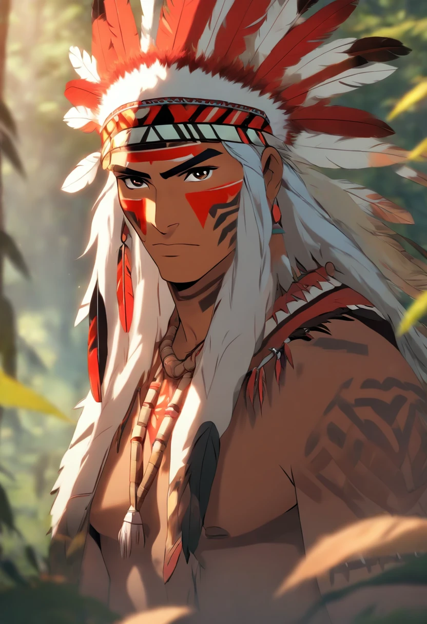 (((indigenous man))) best quality, very high resolution, detailed CG in 4K, masterpiece, white hair, red feathers, amazon brazil, rivers, indigenous people, indigenous tribes, indigenous city, forest, aesthetics, beautiful image, centered on screen, full body