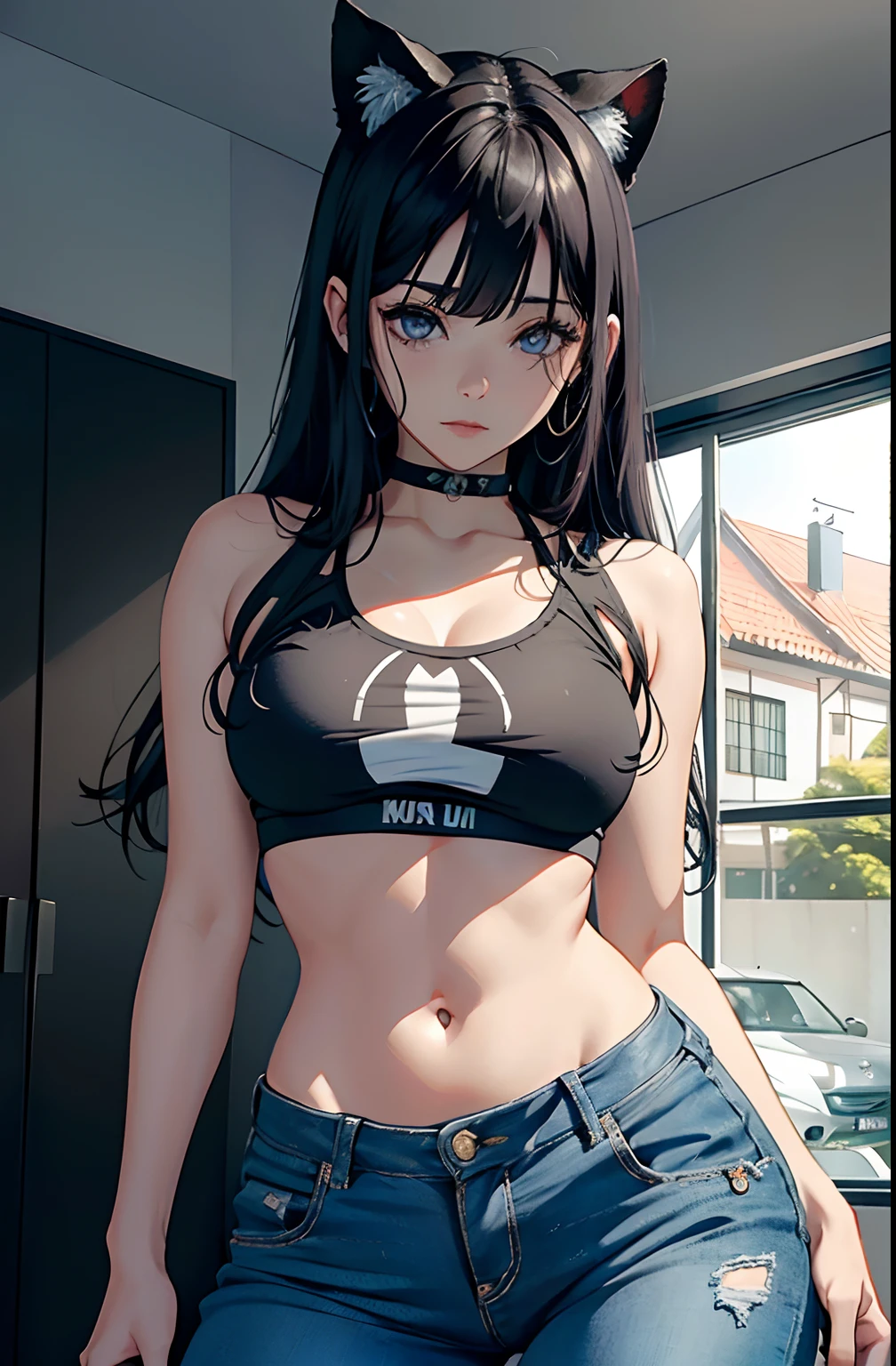 (Hinata Hyuga, muito sensual, com roupas apertadas, bunda grande, pernas grossas, Wearing extremely tight jeans, usando uma mini blusa, umbigo com pirsing, cabelo grande, Speaker behind, muito realista, extremamente sexy, 8k, 8k extremamente detalhado), (um extremamente delicado e bonito), (obra-prima), (melhor qualidade: 1.0), (ultra highres:1.0)
