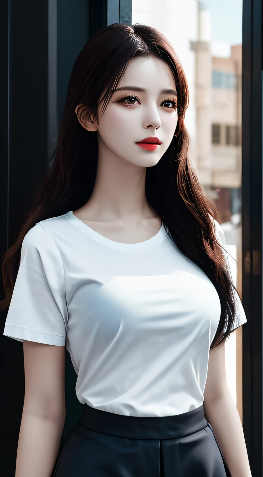 top-quality, masterpiece, 1girl in, beautiful countenance, (photographrealistic:1.3), Rim Lighting, (High Detail Skins:1.2), 8K UHD, Digital SLR, hightquality, hight resolution, 4K, 8K, bokeh dof, absurderes, best ratio four finger and one thumb, (realisitic:1.3), pretty 1girl, , White shirt、Big breasts with a shirt tearing off, a short skirt,stockings、full bodyesbian