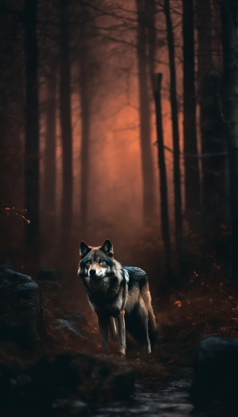 A wolf in front, several wolves behind him, dark atmosphere, rainy night