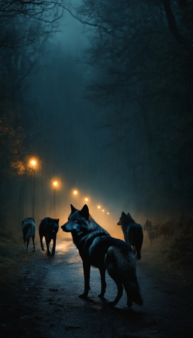 A wolf in front, several wolves behind him, dark atmosphere, rainy night