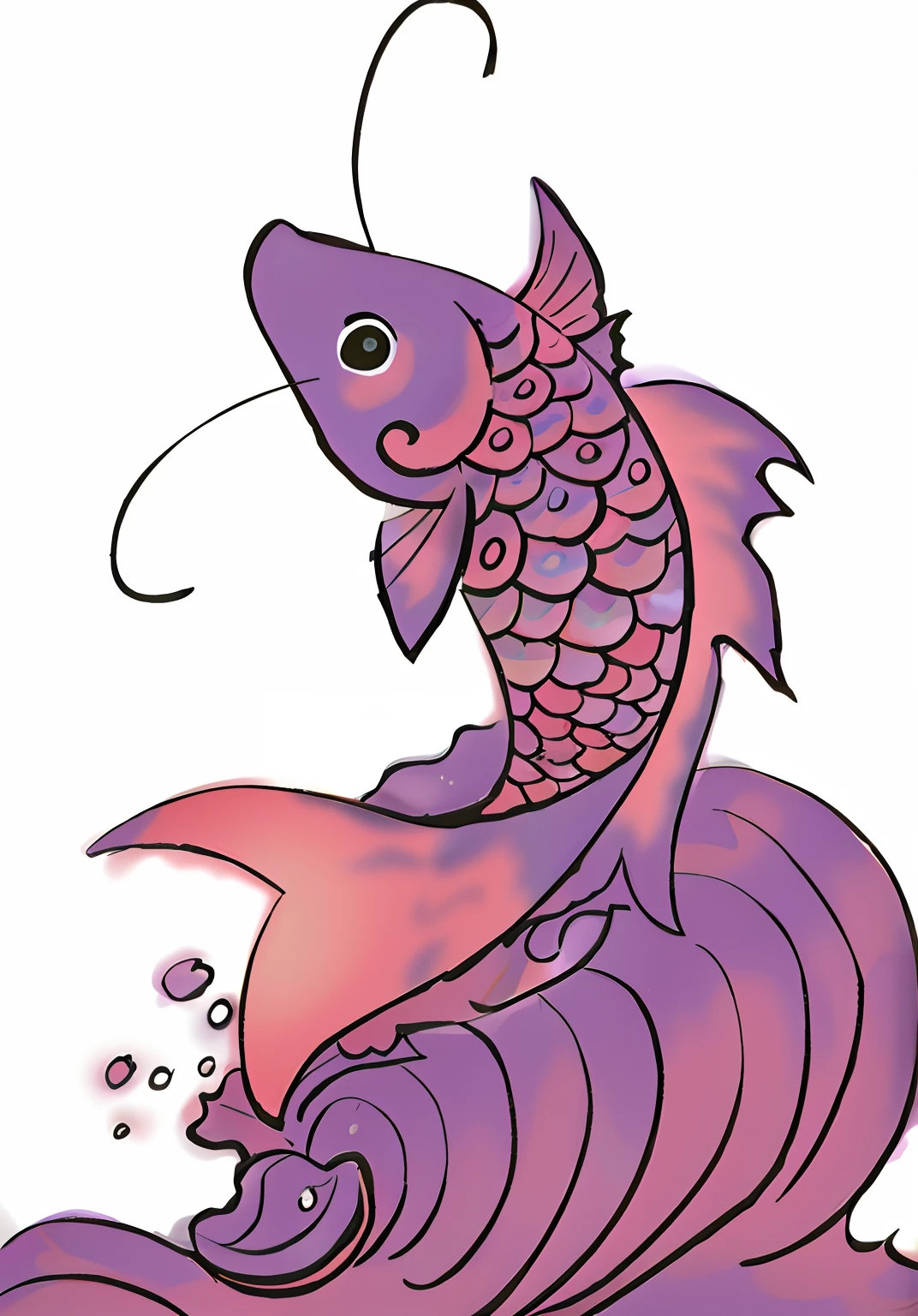 Cartoon fish with pink tail and purple tail, a purple fish, purple mullet, ( ( ( koi colors ) ) ), colored screentone, added detail, colorful illustrations, inspired by Kameda Bōsai, full-colour illustration, line art in colour, digitally colored, mizutsune, full color digital illustration, line art in colour, inspired by Maki Haku