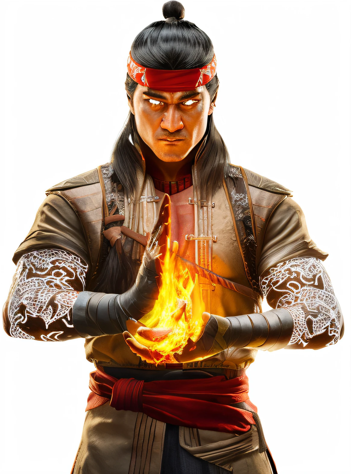 liu-kang from mortal kombat 1, holding a fire ball, (bright white glowing eyes 1.6), wearing a red headband, white magic sigils around arms, high quality 4K, render game character, vray, render, high quality, inspired by Volkan Baga, 3 d render of a shaman