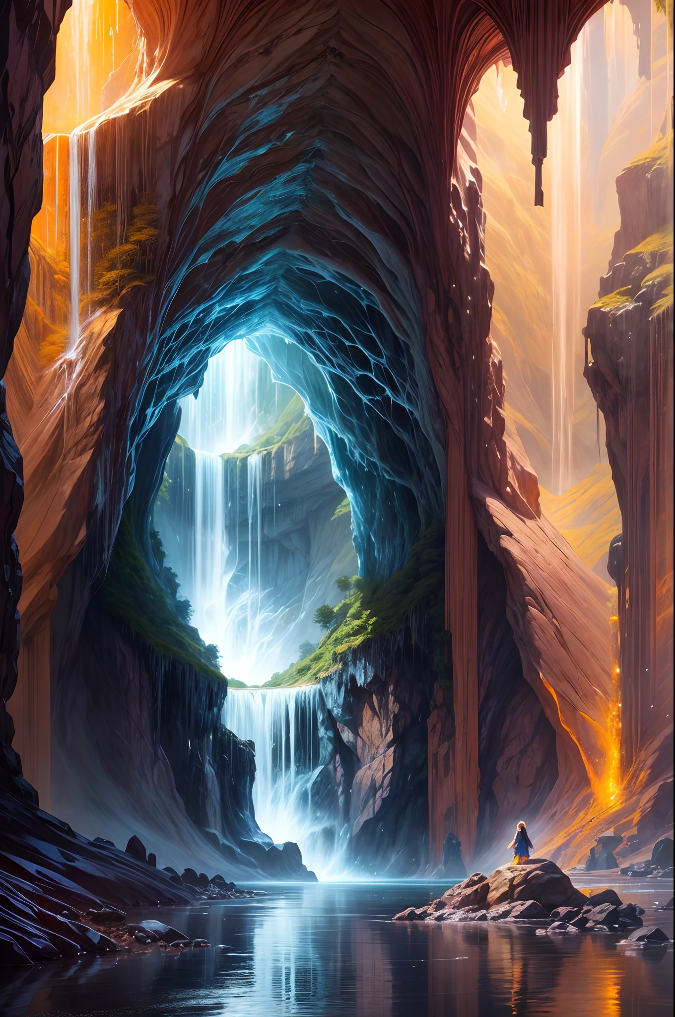 "A young girl, mesmerized by the stunning beauty of the Cave of Wonders, stands in the soft glow of the cave's interior, her delicate features illuminated by the radiance of huge gemstones. The enchanting waterfalls cascade gracefully in the background, creating a scene of pure, mystical wonder.
