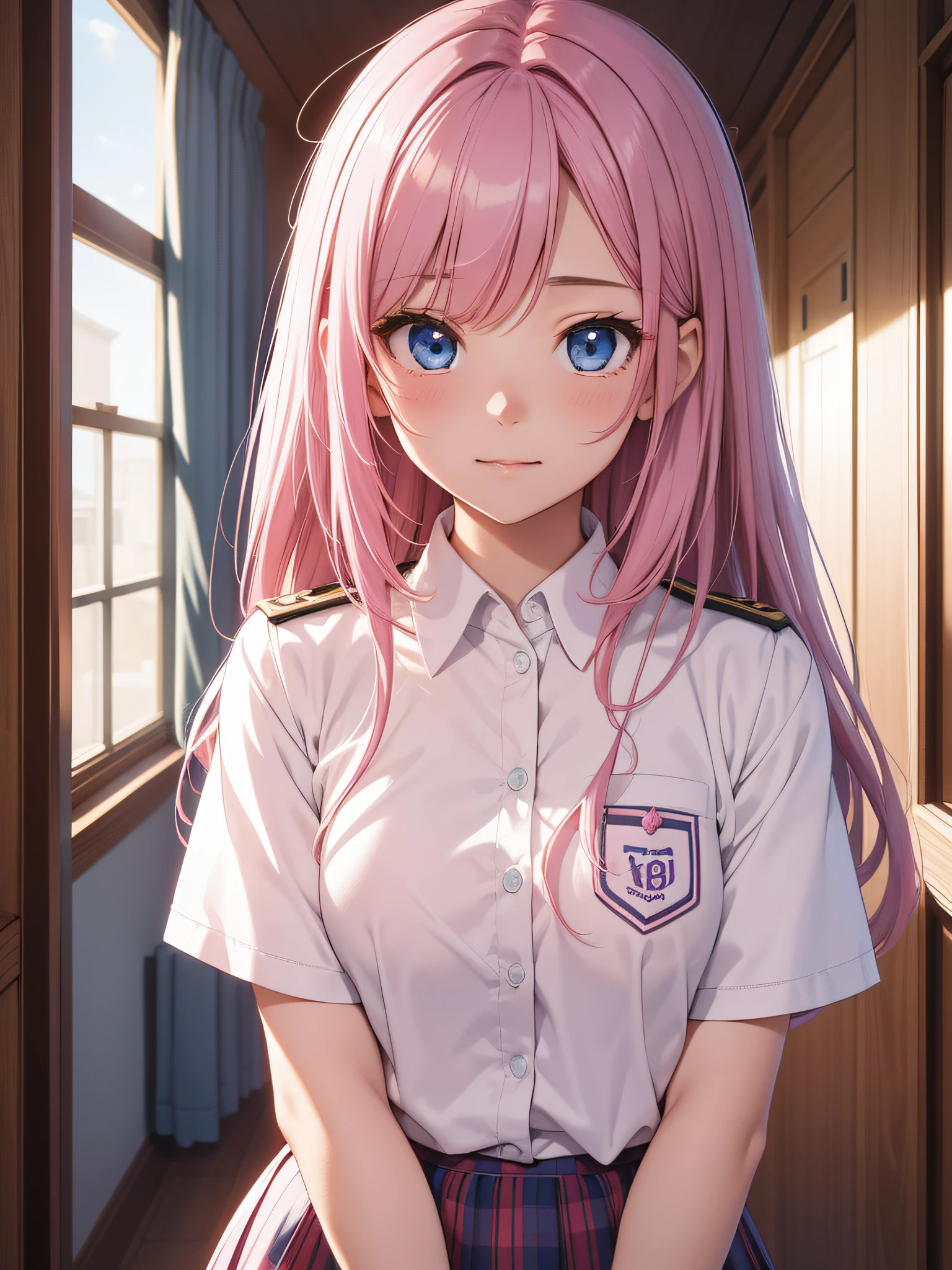 Official art、Top quality ultra-detailed CG art、The most beautiful girl in the world:1.2)、Seira Uniform、Pink hair、a room、年轻、kawaii、Student Council President、blue eyess、