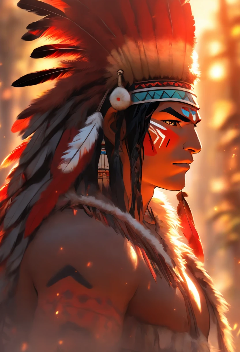 (((indigenous man))) best quality, very high resolution, detailed CG in 4K, masterpiece, white hair, red feathers, amazon brazil, rivers, indigenous people, indigenous tribes, indigenous city, forest, aesthetics, beautiful image, centered on screen, full body