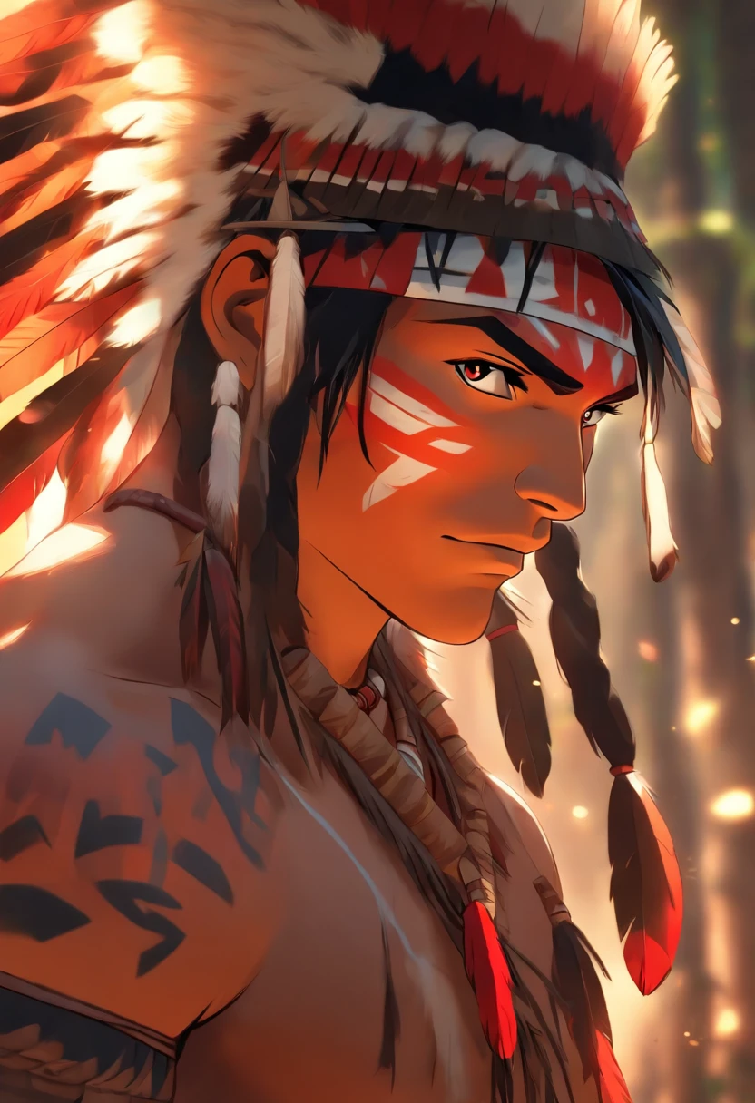 (((indigenous man))) best quality, very high resolution, detailed CG in 4K, masterpiece, white hair, red feathers, amazon brazil, rivers, indigenous people, indigenous tribes, indigenous city, forest, aesthetics, beautiful image, centered on screen, full body