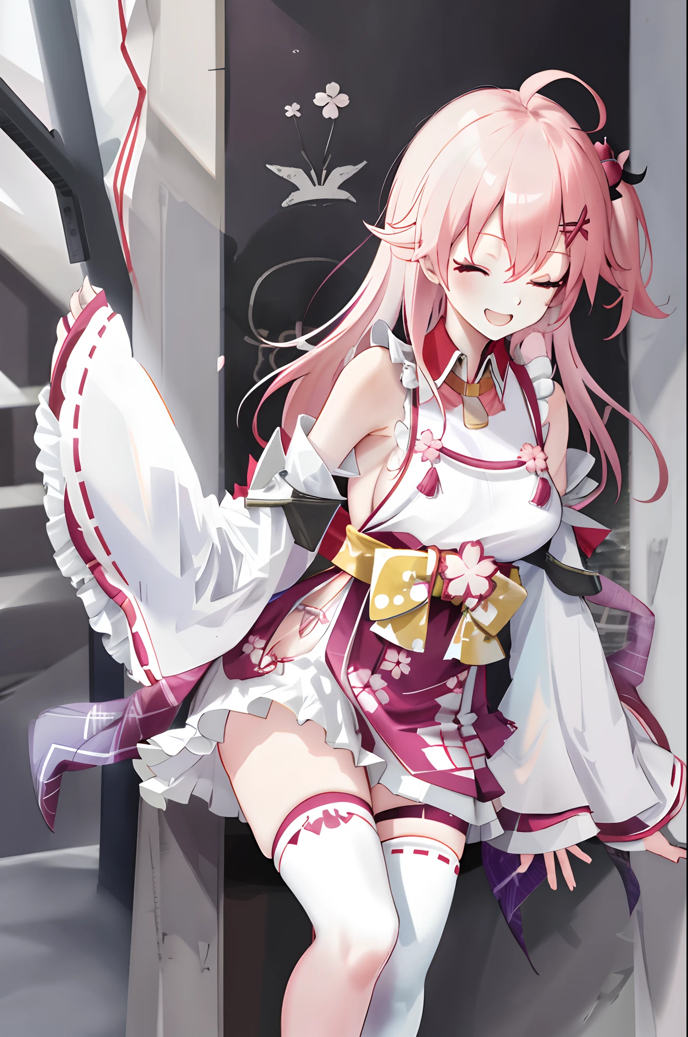 masterpiece, best quality, highres, miko1, sakura_miko, 1girl, big_boobs, solo, ahoge, x_hair_ornament, pink_hair, floral print, hairclip,(side_less_clothes:1.5), (side_boobs:1.5), hair_bell, floral print, long_hair, hair between eyes, one side up, white thighhighs, asymmetrical legwear, wide sleeves, open_mouth,(happy:1.3),close_eyes,big_smile,(rise_leg:1.3),plump,apart_legs,(overly_long_sleeves:1.3),),sleeves_past_wrists,hands_hidden_sleeves,sidelock_clothes,dynamic_posing,solo,hidden_wrists,(XD:1.4),covered_nipples,