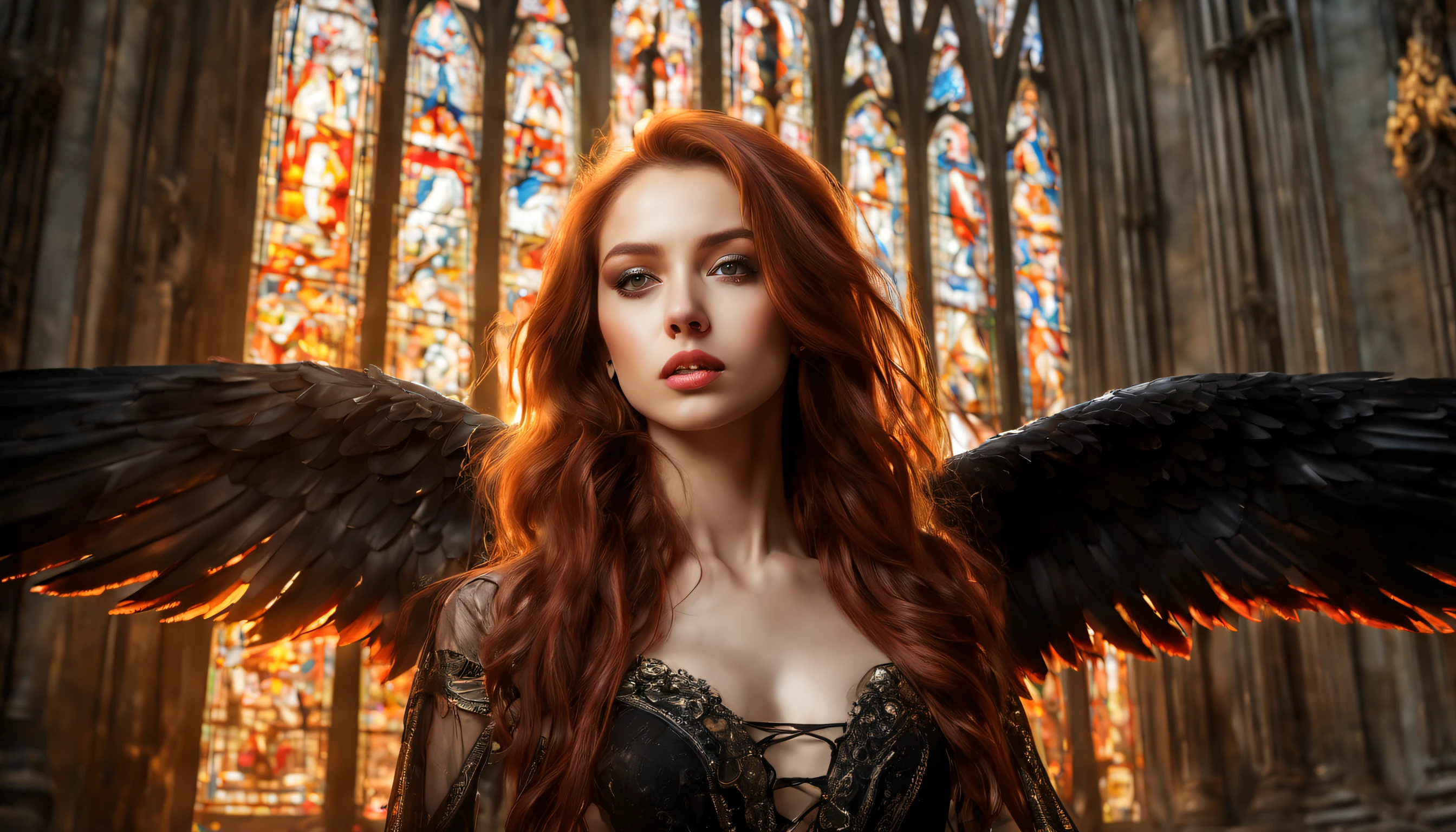 Generate a realistic photograph of an attractive and provocative fallen angel, with long, flowing auburn hair, an angelic expression, a mystical aura, a slight smile, large and majestic black and red wings, a seductive and alluring pose, looking at the camera, inside a stunning Gothic cathedral with large stained glass windows that filter the light. The image should be a wide shot. The camera used is an advanced compact camera, and the camera film is high sensitivity (ISO high). A wide-angle lens will be used to capture the scene, and the lighting should mimic the warm and golden light of the sunset. (((hyper realistic face)))(((extreme realistic skin detail))) (face with detailed shadows) (masterpiece, highest quality), (realistic, photo_realistic:1.9), ((Photoshoot)) sharp focus, 8k, UHD, high quality, frowning, intricate detailed, highly detailed, hyper-realistic