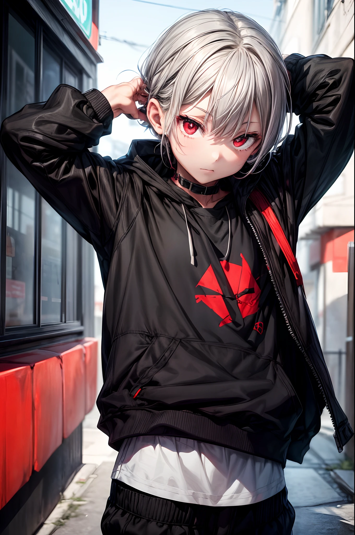 Young man with gray hair and red eyes in black hood and jacket. The background is red、There are black lines and shapes. The young man has a finger on his lips、I have a tattoo on my hand. He wears a red pendant necklace and a red and black bracelet on his wrist. His jacket comes with red and black straps and buckles. The overall mood is dark and mysterious.