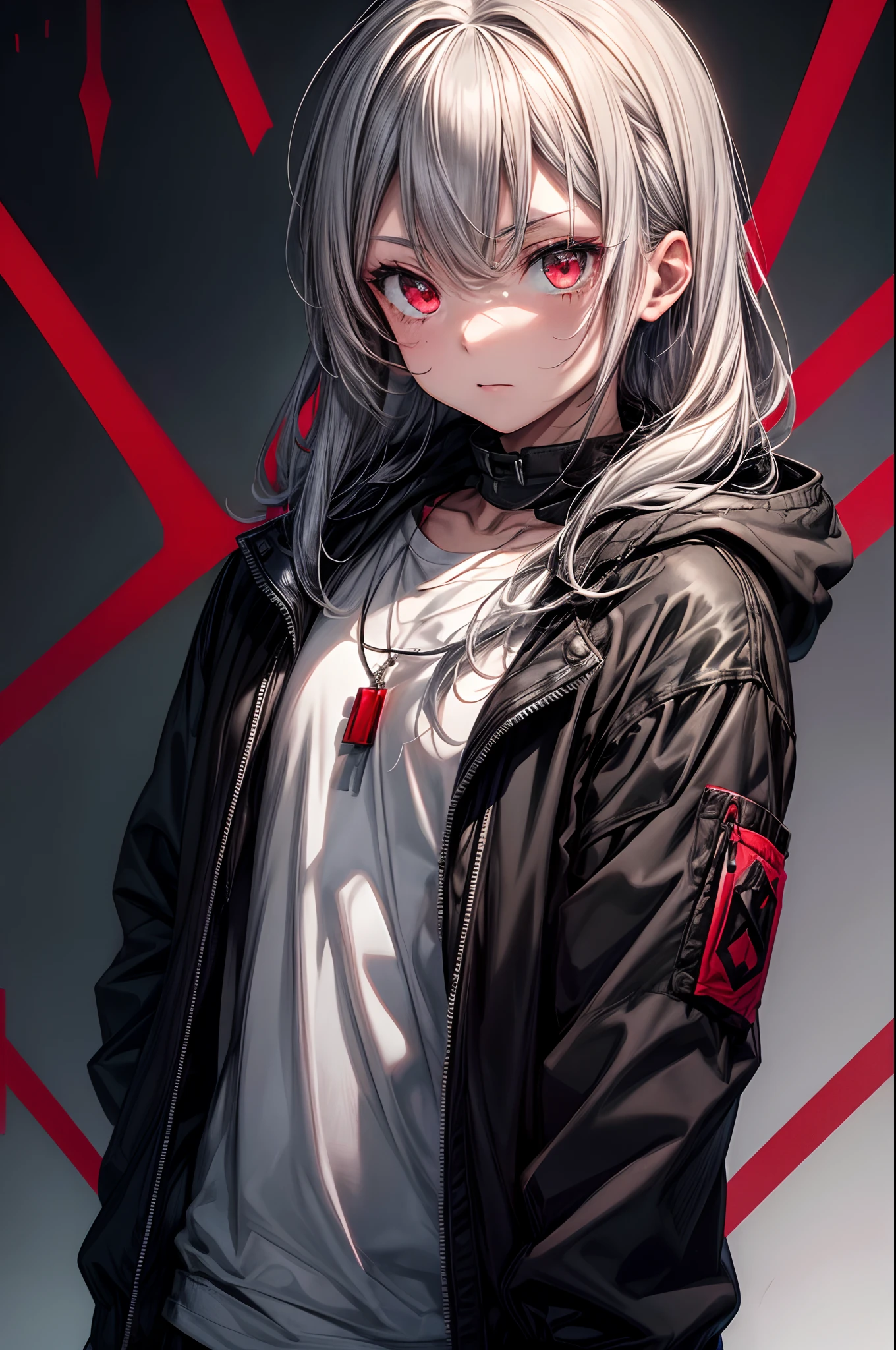 Young man with gray hair and red eyes in black hood and jacket. The background is red、There are black lines and shapes. The young man has a finger on his lips、I have a tattoo on my hand. He wears a red pendant necklace and a red and black bracelet on his wrist. His jacket comes with red and black straps and buckles. The overall mood is dark and mysterious.