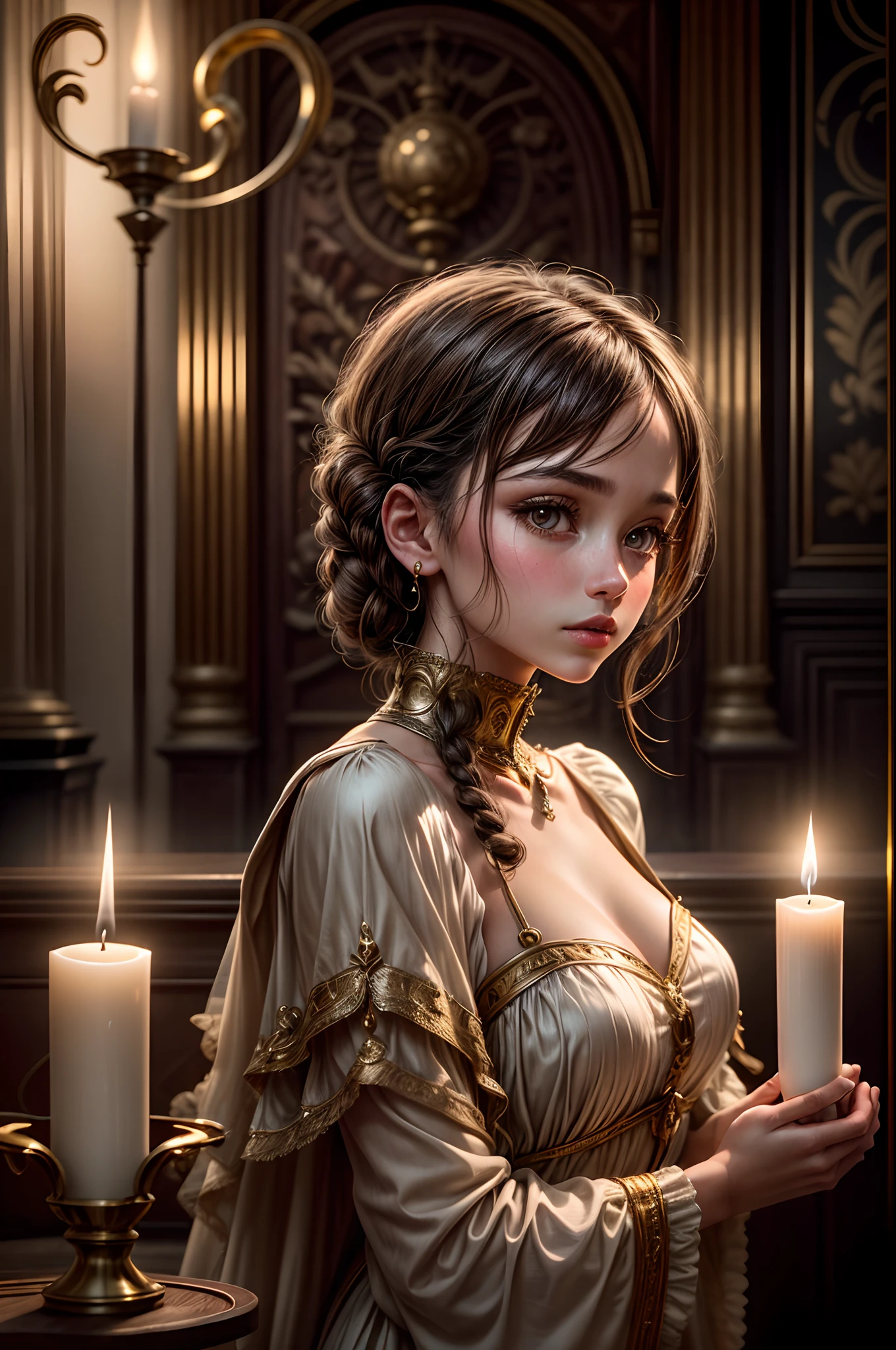 "Photograph capturing a girl in wooden garments, her presence exuding an air of sophistication within an opulent Art Deco room, bathed in the gentle, flickering light of candles. The composition effectively conveys the vintage and artistic ambiance of the scene."