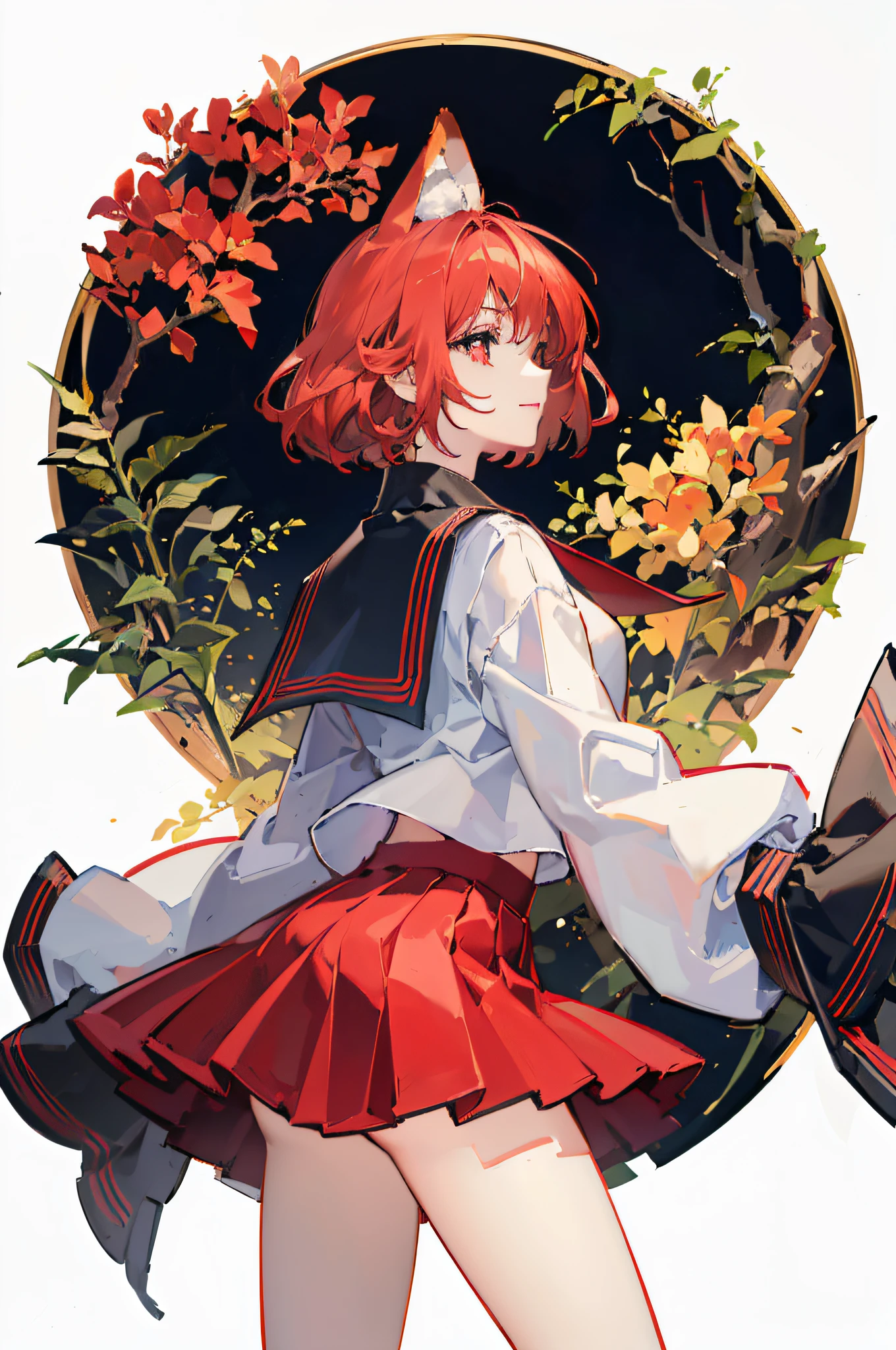(profile), (in a forest), 1girl, (close view, bright red eyes, fox ears, animal ear fluff, fox girl, light smile, orange hair, fluffy hair, white shirt, purple skirt, black long robe, side view ), masterpiece, colorful, scenery, flat color, best quality, 1girl, ultra detailed, doukou, serafuku, cozy, graphic