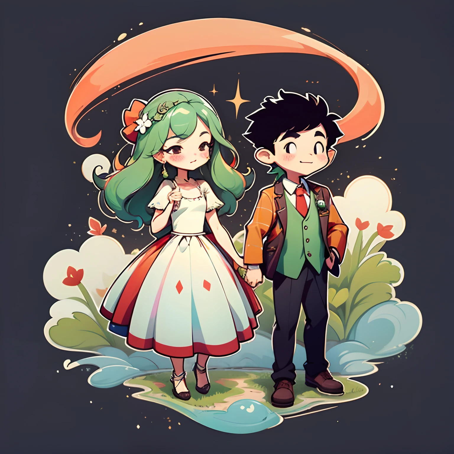 1sticker,Handbook,(a sticker,1girl1boy,cheerfulness,red colour,Wedding dresses,Gorgeous collared top,pleated long skirt,Modern clothes,Embroidery,Hairpin,bamboos,moss,Pavilion), aquarelle,white backgrounid, simple backgound, dk, adolable, small, pastel colour, vectorstyle, no gradien,