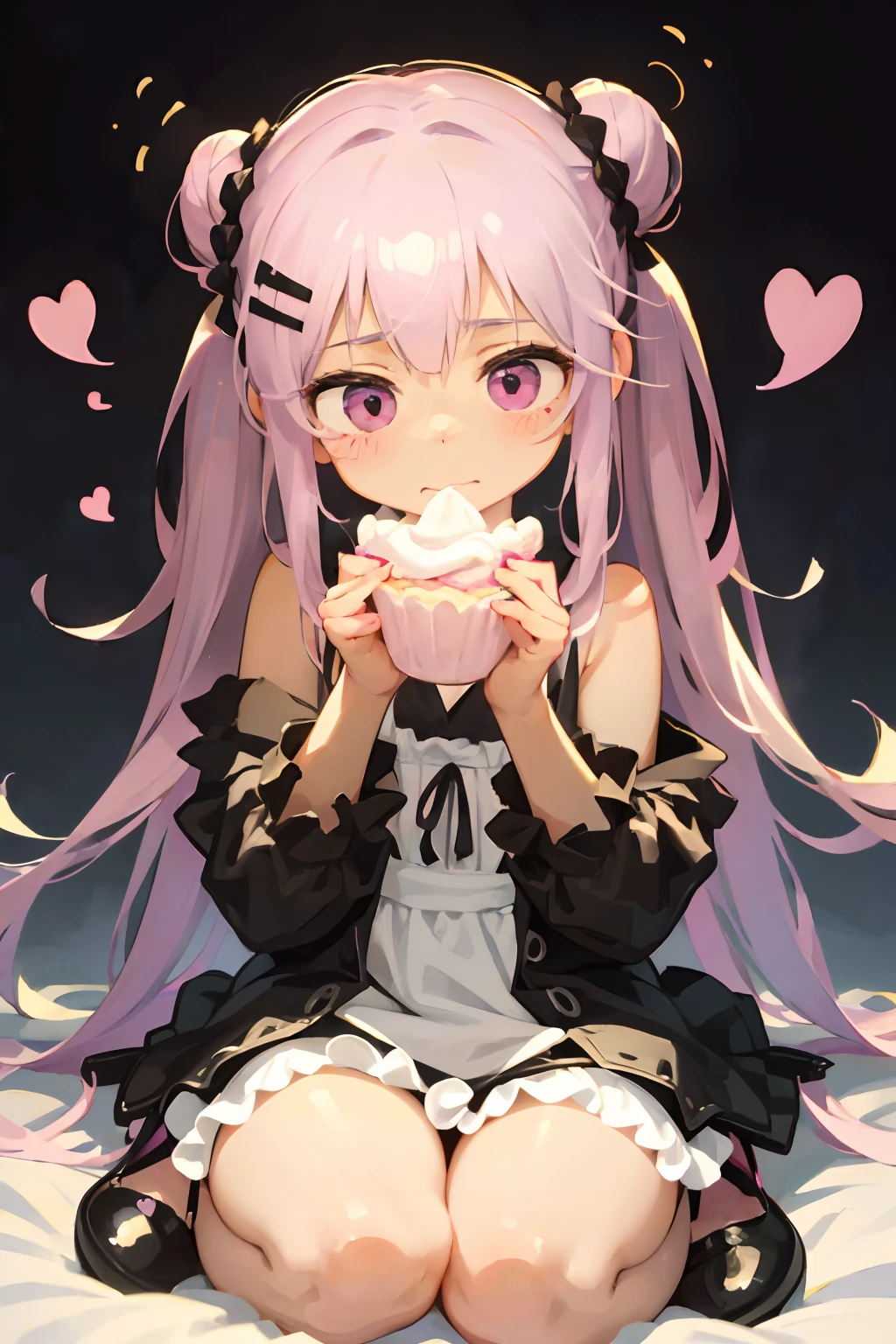 A girl in a beautiful pink and black dress, wearing white stockings and Mary Jane shoes, with her hair styled in a bun, is delicately eating a cake. She has a cute and shy expression on her face, surrounded by hearts. The pastel colors of the scene enhance the overall charm. (best quality, ultra-detailed), (realistic:1.37), portraits, vivid colors, soft lighting, pastel color palette, romantic ambiance.