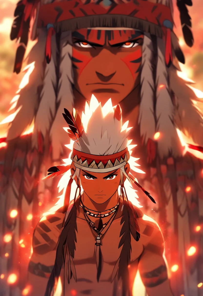 (((indigenous man))) best quality, very high resolution, detailed CG in 4K, masterpiece, white hair, red feathers, amazon brazil, rivers, indigenous people, indigenous tribes, indigenous city, forest, aesthetics, beautiful image, centered on screen, full body
