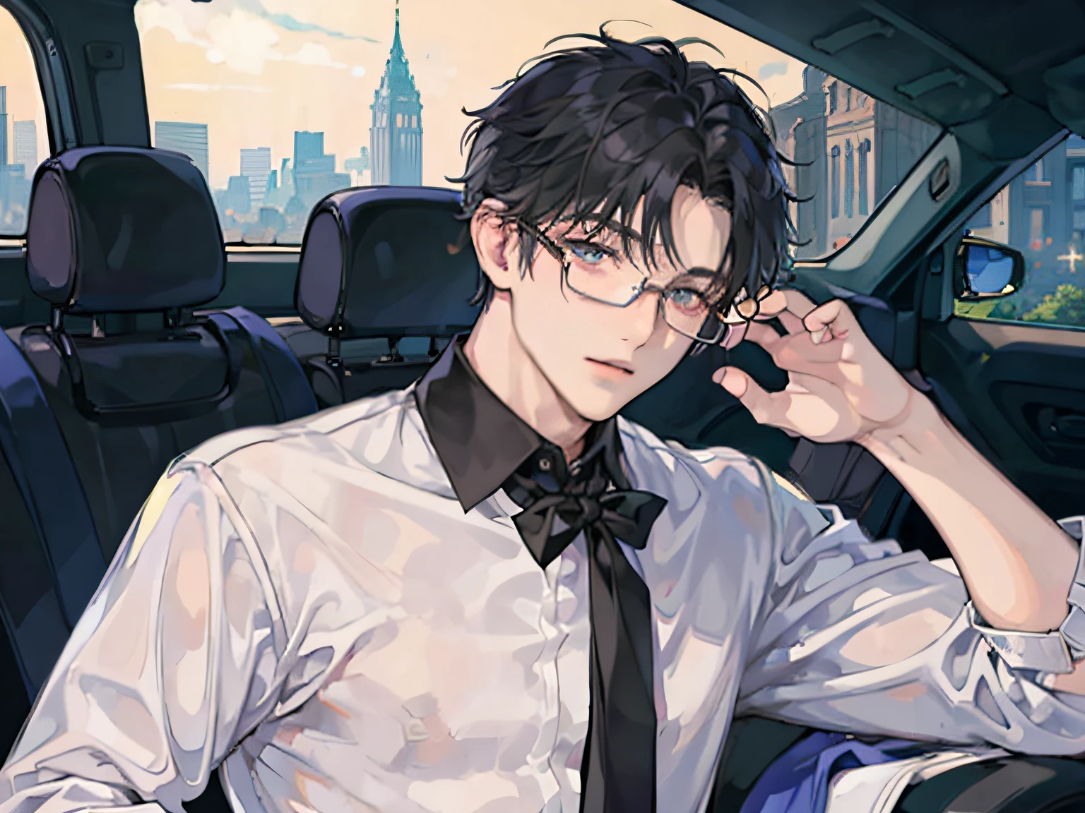 1boy,10 talents、(Man's :2) ,Handsome boy,A dark-haired、(Upper body naked:1.5)、mid night 、Inside the car、dark ilumination、hightquality、masutepiece,8K,NSFW,eye glasses