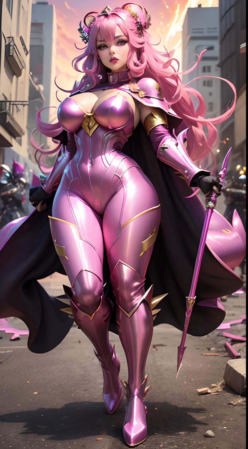 Best Quality,Ruined city exploding in the background,Beautiful Empress Ruling the Universe、Fight intergalactic wars with flaming swords,bright red lips,heavy make-up RPG Game Last Boss,fluttering pink wavy hair,((Metallic pink glamorous shiny full-length suit and long boots with leggings)),,A goddess similar to the Japan idol Ai Shinozaki God of Destruction Catastrophe