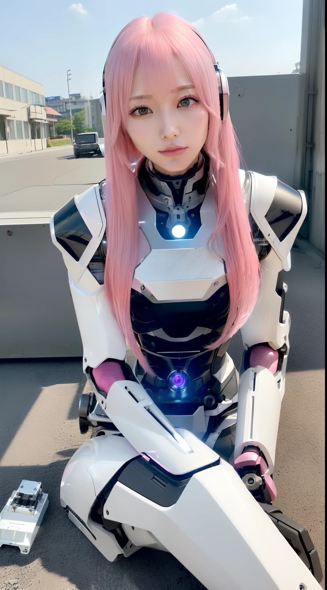 ((masutepiece)), ((top-quality), high quarity、ultra-definition, (Realistic), (well proportioned face)、fulcolor 、(scientific fiction)、独奏、Beautiful robot police woman、((Perfect robot joint))、(((machine components)))、((Large electronic substrate))、(White porcelain mechanical armor)、(Curvaceous face)、(Both eyes of the camera lens)、thin mouth、deadpan、pink straight hair、((High quality machine hand))、(Outside the city)、High quality robot legs