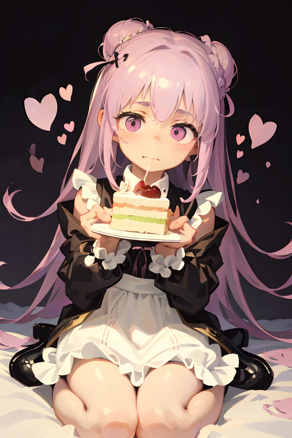 A girl in a beautiful pink and black dress, wearing white stockings and Mary Jane shoes, with her hair styled in a bun, is delicately eating a cake. She has a cute and shy expression on her face, surrounded by hearts. The pastel colors of the scene enhance the overall charm. (best quality, ultra-detailed), (realistic:1.37), portraits, vivid colors, soft lighting, pastel color palette, romantic ambiance.