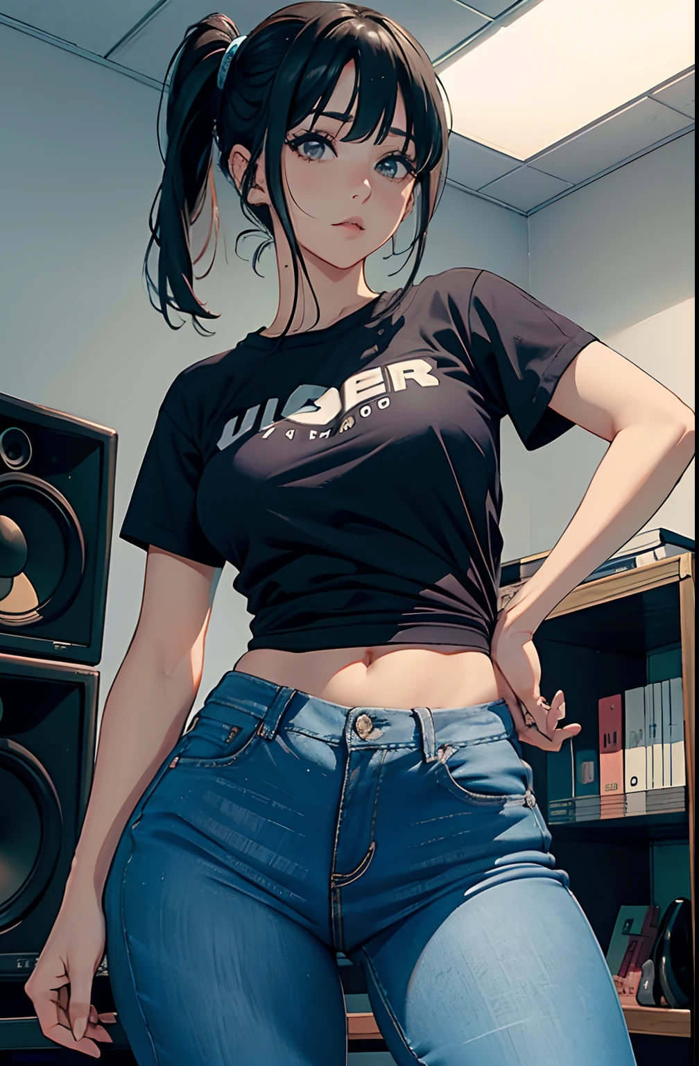 (Hinata Hyuga, muito sensual, com roupas apertadas, bunda grande, pernas grossas, Wearing extremely tight jeans, usando uma mini blusa, umbigo com pirsing, cabelo grande, Speaker behind, muito realista, extremamente sexy, 8k, 8k extremamente detalhado), (um extremamente delicado e bonito), (obra-prima), (melhor qualidade: 1.0), (ultra highres:1.0)