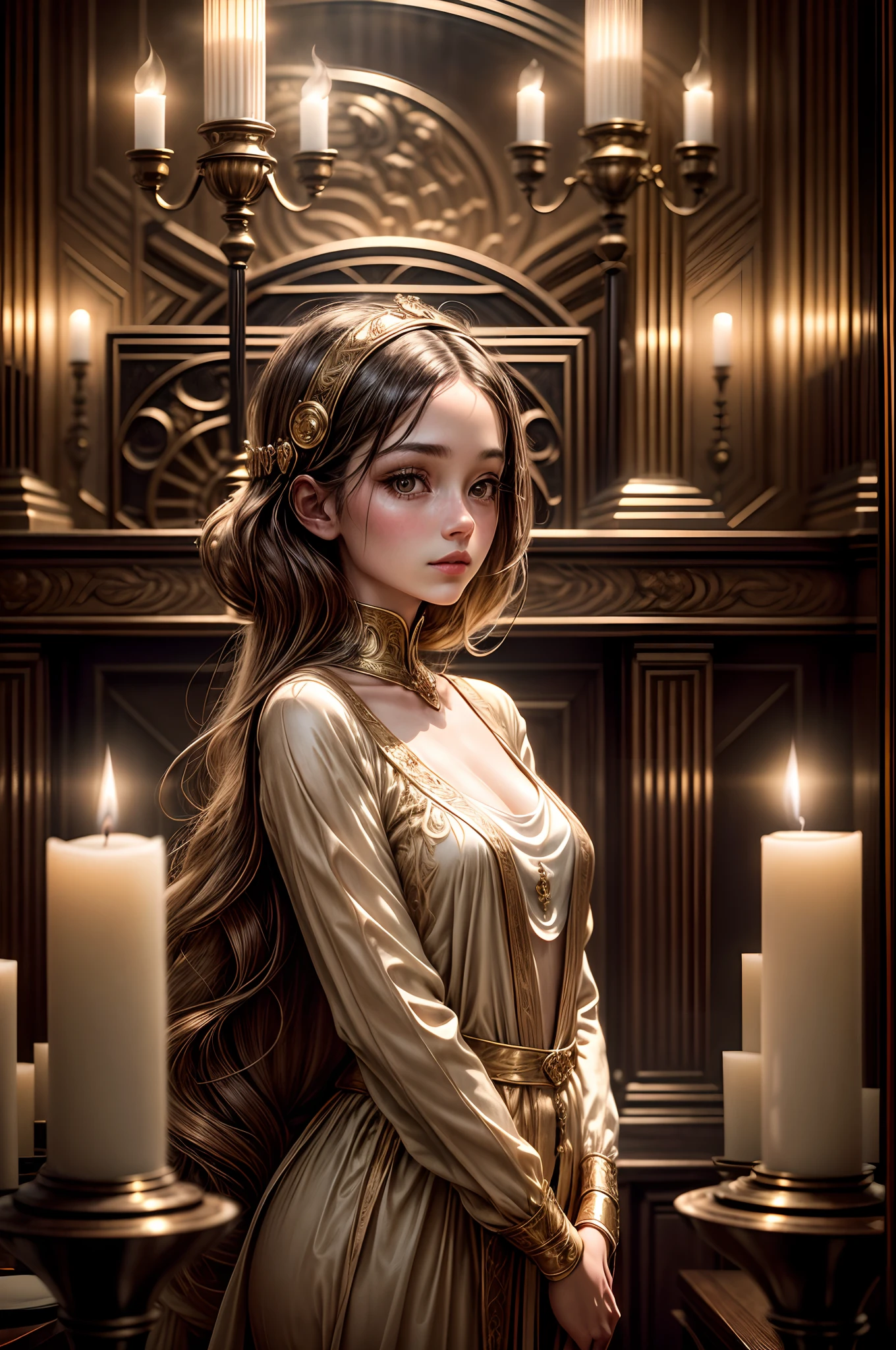 "Photograph capturing a girl in wooden garments, her presence exuding an air of sophistication within an opulent Art Deco room, bathed in the gentle, flickering light of candles. The composition effectively conveys the vintage and artistic ambiance of the scene."