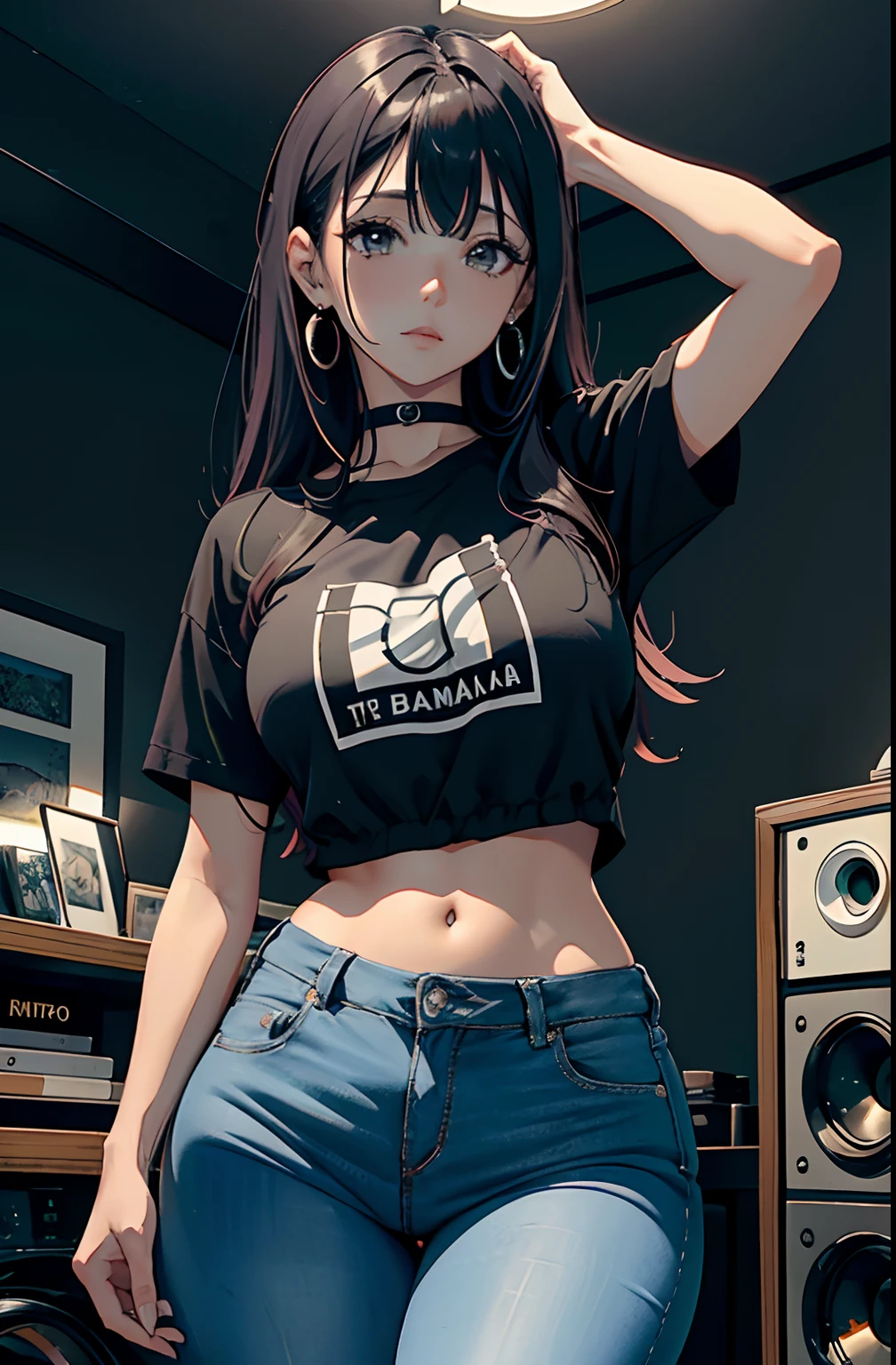 (Hinata Hyuga, muito sensual, com roupas apertadas, bunda grande, pernas grossas, Wearing extremely tight jeans, usando uma mini blusa, umbigo com pirsing, cabelo grande, Speaker behind, muito realista, extremamente sexy, 8k, 8k extremamente detalhado), (um extremamente delicado e bonito), (obra-prima), (melhor qualidade: 1.0), (ultra highres:1.0)