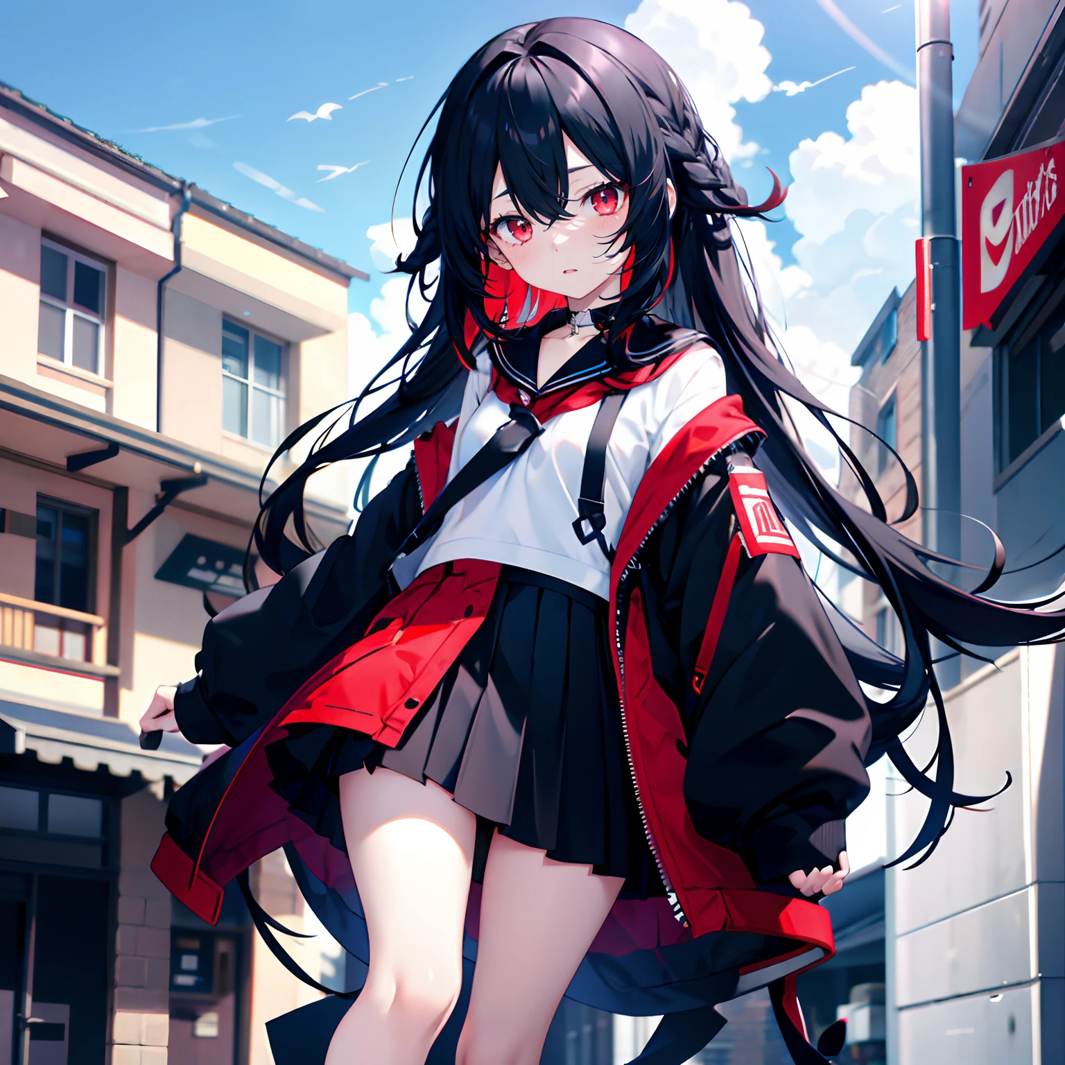 Black color hair，Red eyes，long whitr hair，double tails，teens girl，adolable，Dressed in a long-sleeved，short  skirt，All body，Background street，with blue sky and white clouds，shyexpression