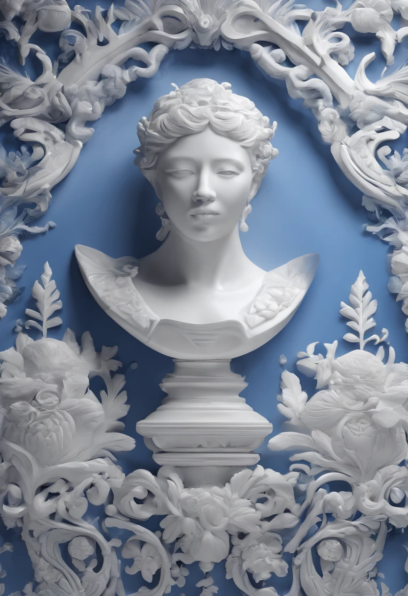 Blue and white porcelain,Ceramic sound,artwork of a,Ornaments, high detail,3D, Chiaroscuro, Cinematic lighting, hyper HD, High details, Best quality, A high resolution, Textured skin