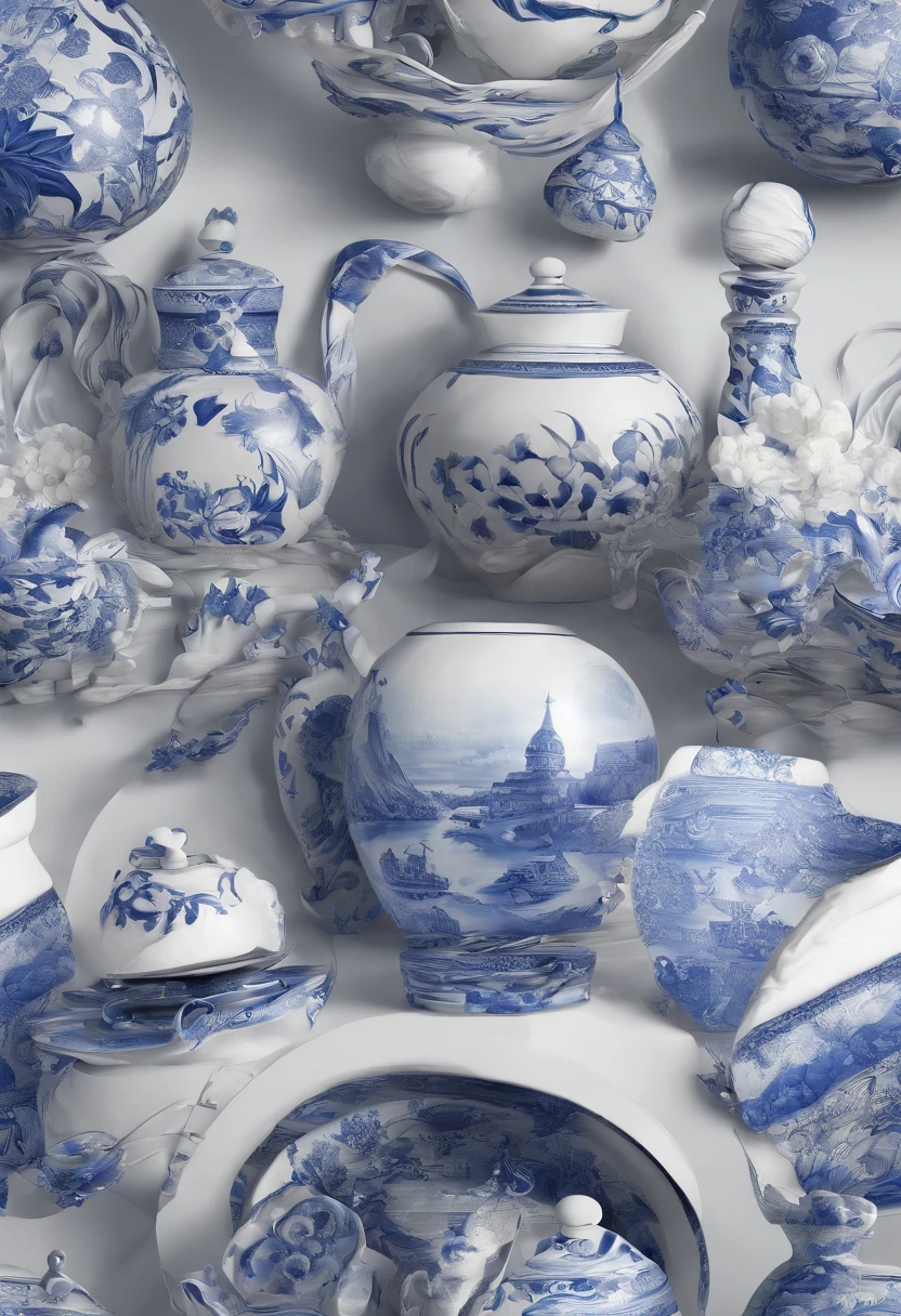 Blue and white porcelain,Ceramic sound，artwork of a，Ornaments， high detail,3D， Chiaroscuro, Cinematic lighting,  hyper HD, High details, Best quality, A high resolution, Textured skin