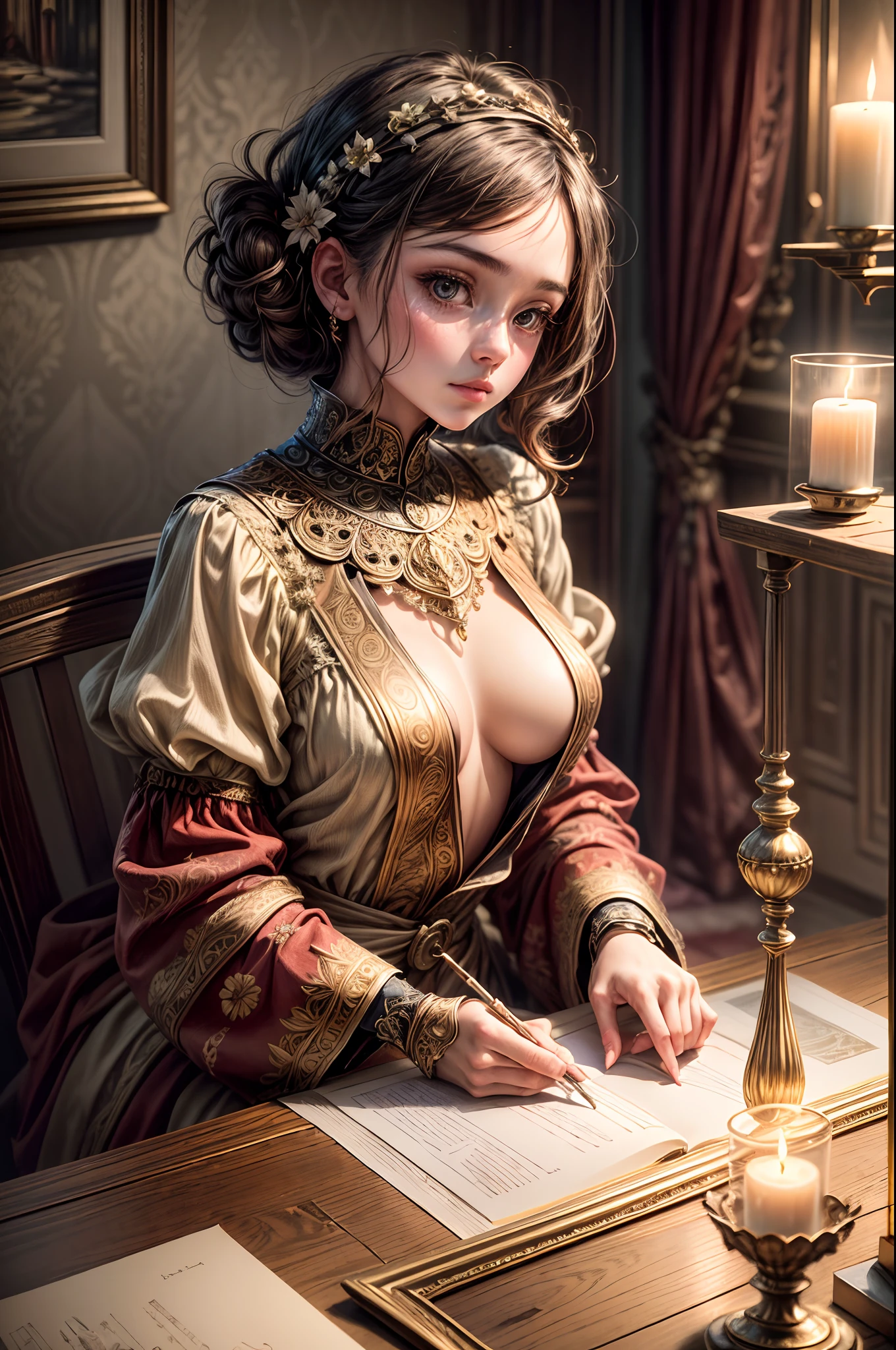 "A (highly detailed) painting that showcases a girl wearing ornate wooden clothing, exuding an Art Deco charm in a room illuminated by the soft, romantic glow of candlelight. This artwork is a true ((masterpiece)) of art and fashion."