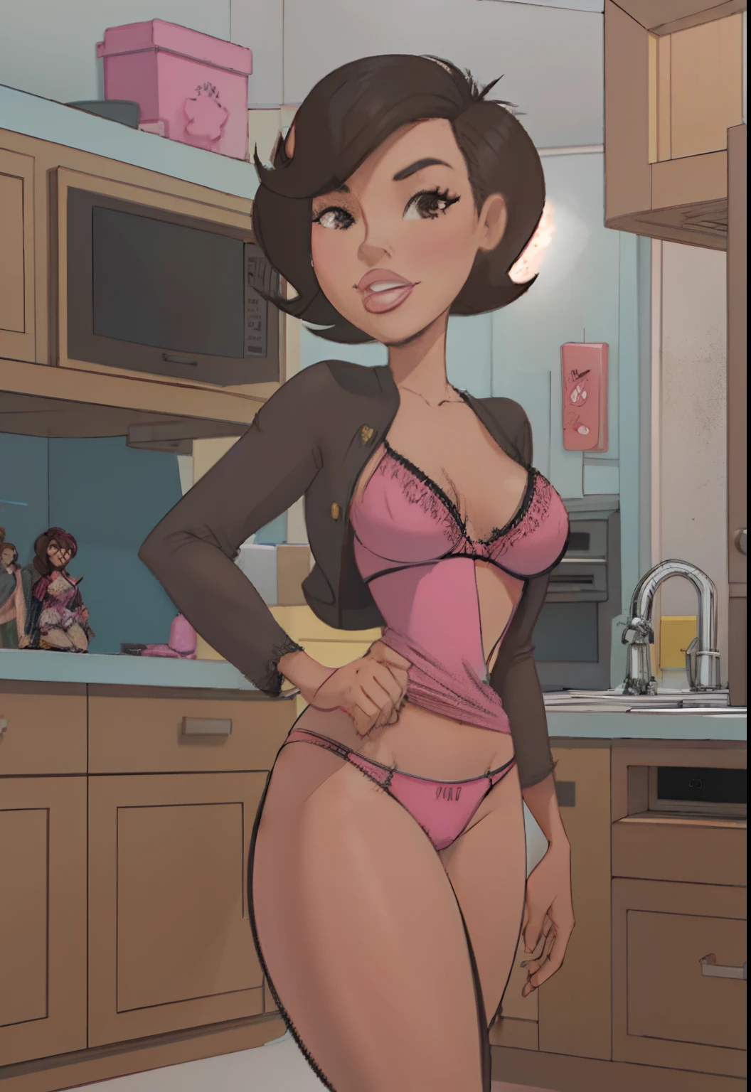 una mujer de dibujos animados con gafas y traje persistente posando en una cocina, character is in her natural pose, pecho plano, Personaje ideal de Pixar, Anime 3D realista, Renderizado en SFM, Lindo renderizado 3D, Render fotorrealista de Anime Girl, inspirado por Goro Fujita, barbie doll in panties and bra, Chica anime 3D