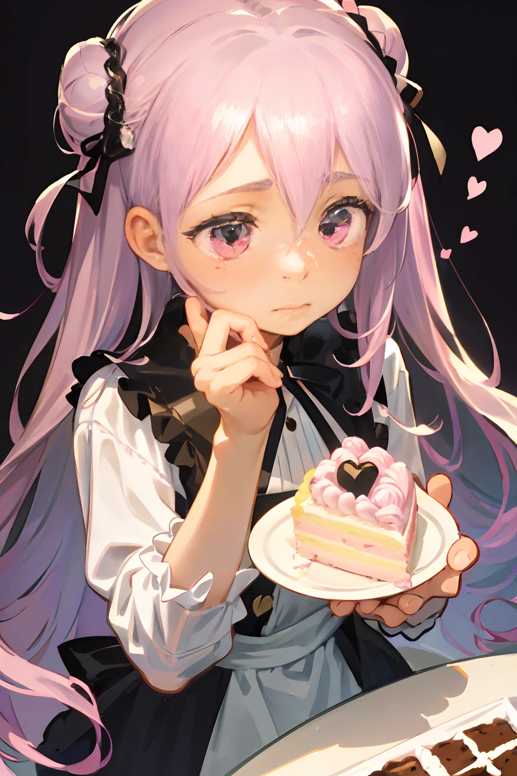 A girl in a beautiful pink and black dress, wearing white stockings and Mary Jane shoes, with her hair styled in a bun, is delicately eating a cake. She has a cute and shy expression on her face, surrounded by hearts. The pastel colors of the scene enhance the overall charm. (best quality, ultra-detailed), (realistic:1.37), portraits, vivid colors, soft lighting, pastel color palette, romantic ambiance.