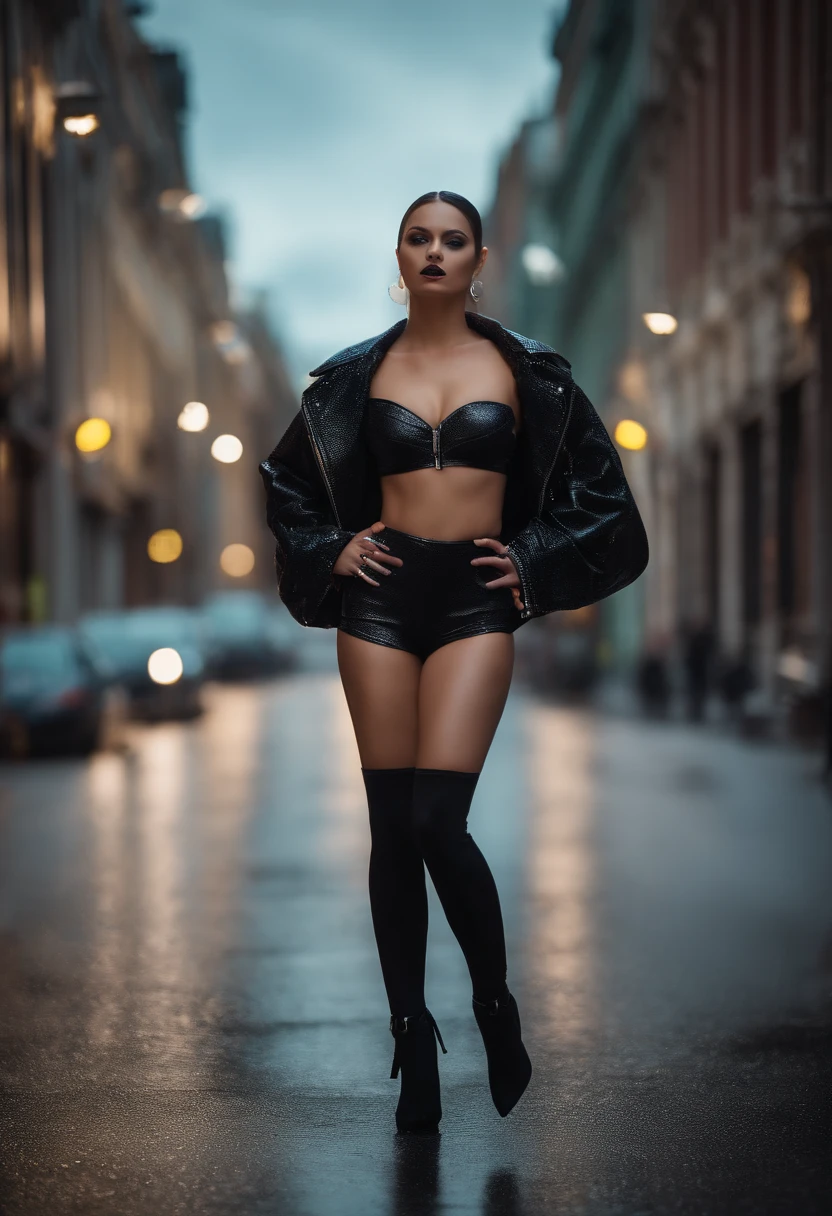 (best quality,4k,8k,highres,masterpiece:1.2),ultra-detailed,realistic,beautiful girl in skintight latex,longeyelashes,attractive, seductive,confident pose,empty street,night lights,cityscape,high contrast,shiny latex,reflective surface,curve-hugging outfit,dramatic shadows,modern urban environment,sensual expression,urban glamour,vibrant colors, sleek hairstyle,high fashion,modern femme fatale, fashion model, biker boots, edgy makeup, neon lights