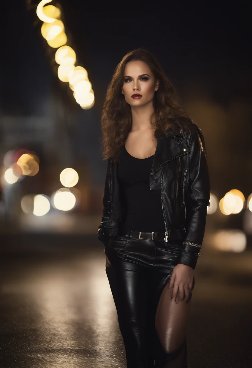 (best quality,4k,8k,highres,masterpiece:1.2),ultra-detailed,realistic,beautiful girl in skintight latex,longeyelashes,attractive, seductive,confident pose,empty street,night lights,cityscape,high contrast,shiny latex,reflective surface,curve-hugging outfit,dramatic shadows,modern urban environment,sensual expression,urban glamour,vibrant colors, sleek hairstyle,high fashion,modern femme fatale, fashion model, biker boots, edgy makeup, neon lights