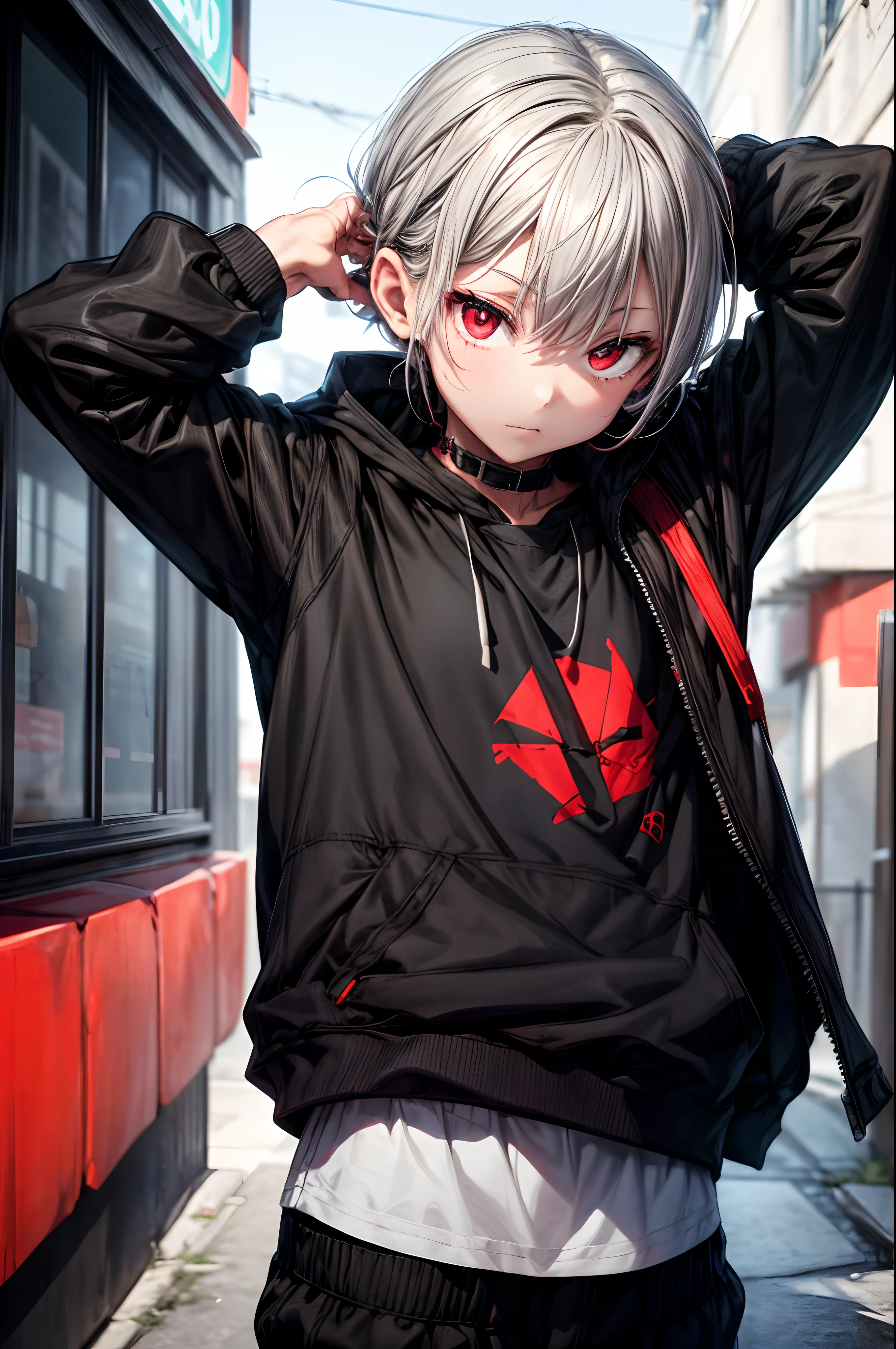 Young man with gray hair and red eyes in black hood and jacket. The background is red、There are black lines and shapes. The young man has a finger on his lips、I have a tattoo on my hand. He wears a red pendant necklace and a red and black bracelet on his wrist. His jacket comes with red and black straps and buckles. The overall mood is dark and mysterious.