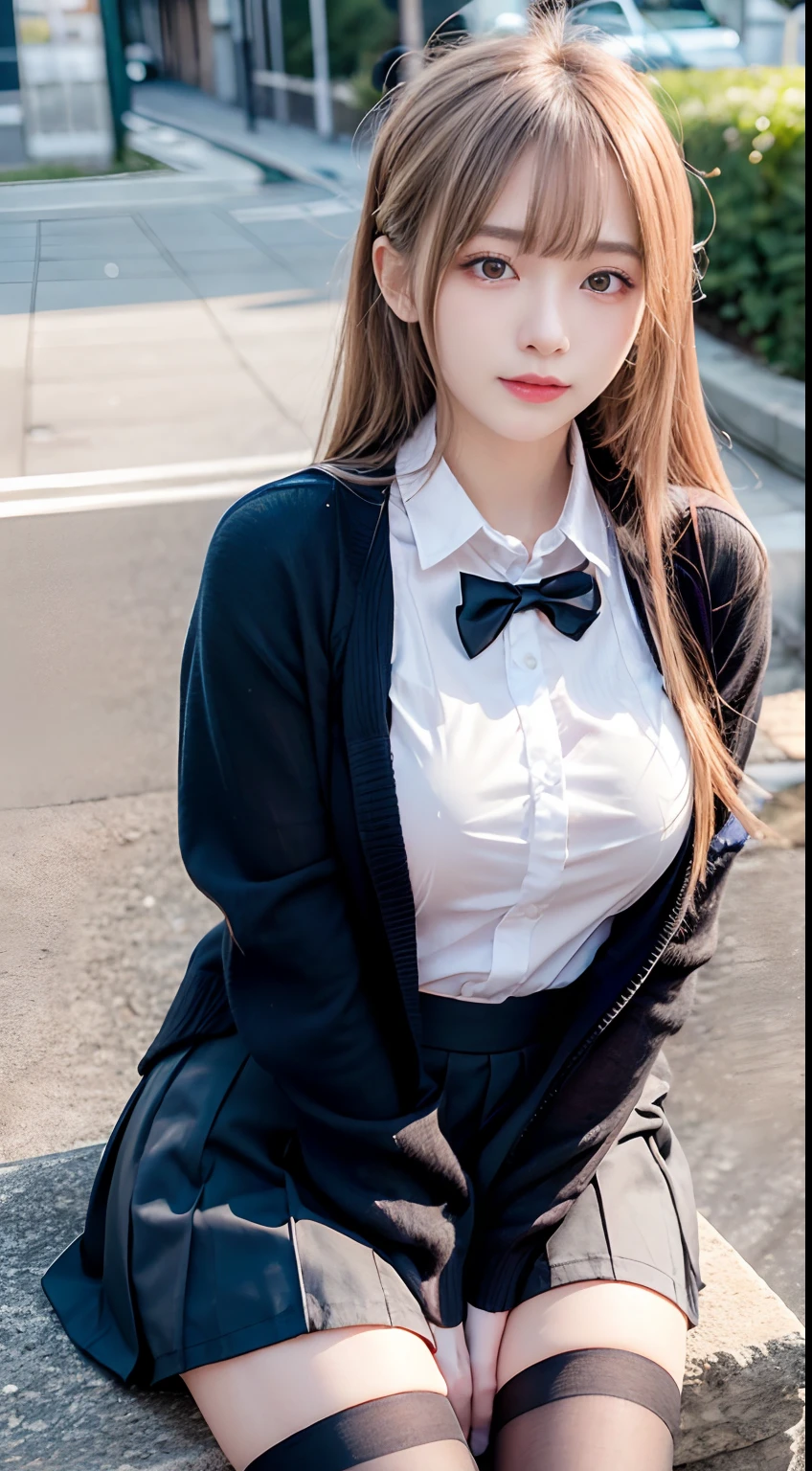 portlate、School Uniforms、bright expression、poneyTail、Young shiny shiny white shiny skin、Best Looks、Blonde reflected light、Platinum blonde hair with dazzling highlights、shiny light hair,、Super long silky straight hair、Beautiful bangs that shine、Glowing crystal clear attractive big blue eyes、Very beautiful nice cute girl、Lush bust、smil、full body seen、Skirt with slit、Japanese student uniform、((Disturbed uniform:1.2))、pantyshot、Low angle camera shooting、Crystal clear panties、arafed woman sitting on a chair with her legs crossed, pantyhose tights, crossed legs, nylon tights, of a schoolgirl posing, lady in black coat and pantyhose, wearing black tight clothing, thighhighs and skirt, close-up on legs, ripped pantyhose, detailed shot legs-up, tights; in a street, legs showing、front facing、((dynamicposes)))、(Sitting on legs with bent knees))、pleatedskirt、Ribbon 1,2 Sexy Upper Eyes A slight smil low angles