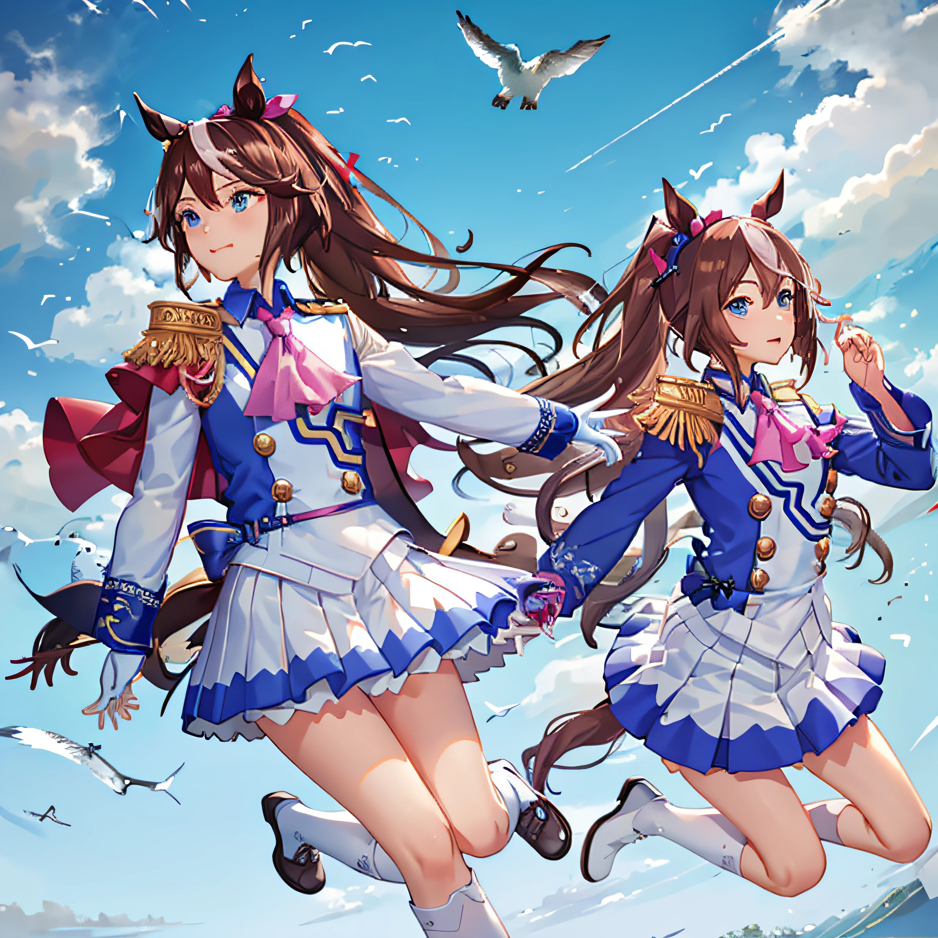 ((masterpiece, best quality)),1girl,Tokai Teio,Tokai Teio(Racing clothes),horse ears,horse girl,brown hair,long hair,high ponytail,streaked_hair,multicolored_hair,blue eyes,epaulettes,pink_ascot,skirt,long_sleeves,asymmetrical gloves,white_jacket,hair_ribbon,multicolored_clothes,white_footwear,knee_boots ,jumping, flying, blue sky, bird wings, happy