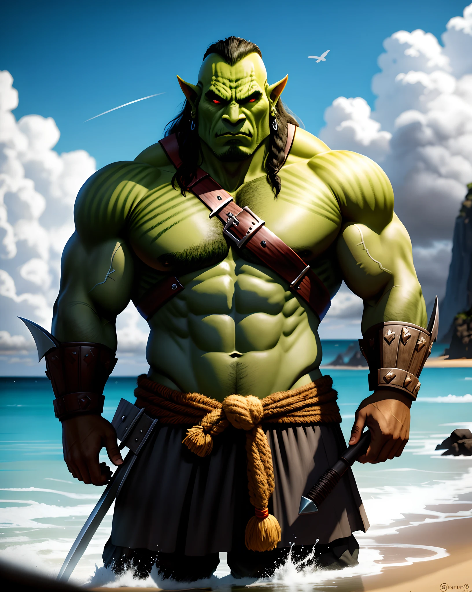 Arafed man with a big axe standing on a beach, orc themed, Orc, Orc Guerreiro, Um Orc, Metade - Orc, menacing orc, fantasia, Orcs, Retrato de um guerreiro Orc, - 8k