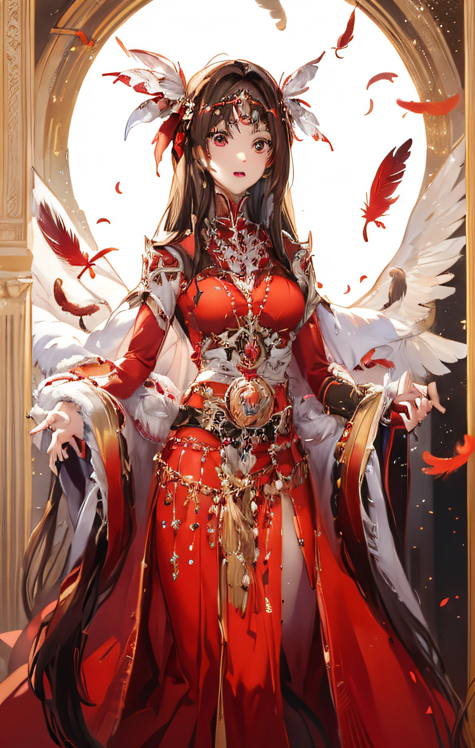 tmasterpiece,Best quality,Super fine illustration,One wearing a red dress,Brunette beauty with feathers on her head,White fluffy red cape,