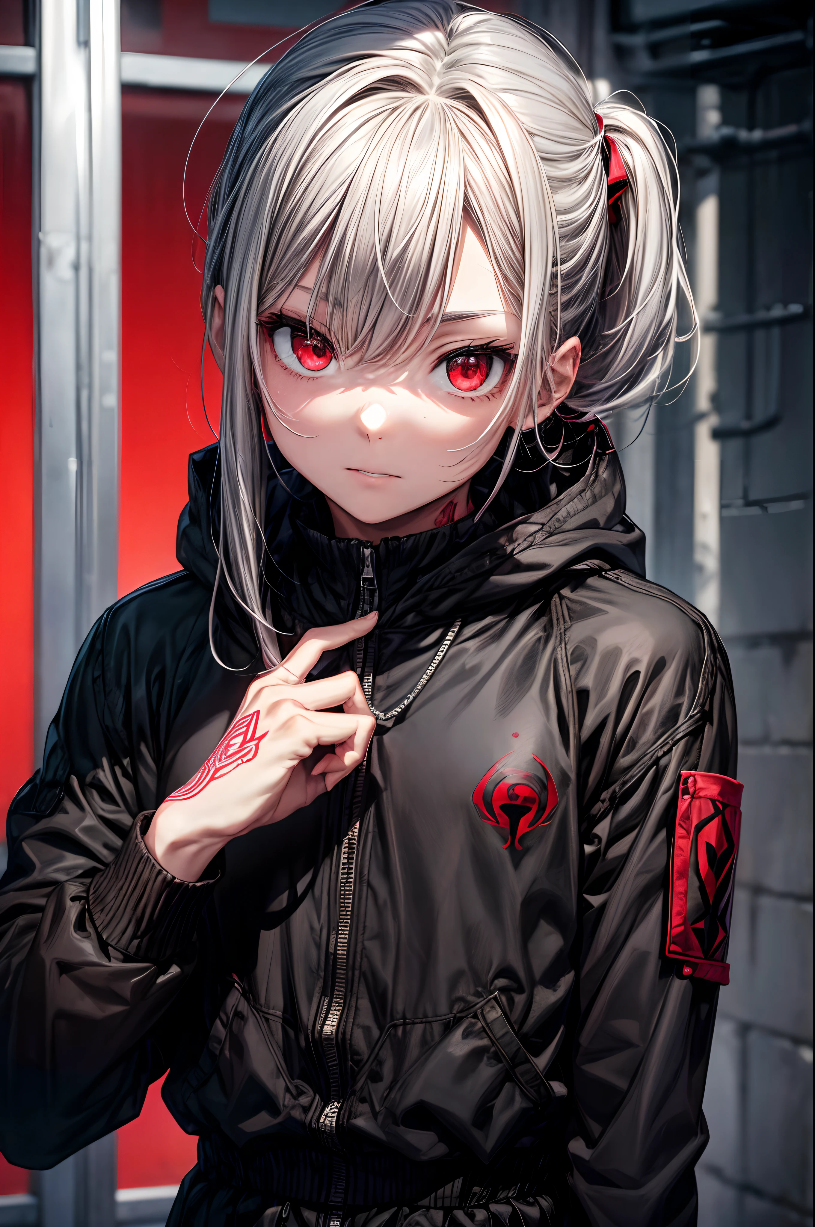 Young man with gray hair and red eyes in black hood and jacket. The background is red、There are black lines and shapes. The young man has a finger on his lips、I have a tattoo on my hand. He wears a red pendant necklace and a red and black bracelet on his wrist. His jacket comes with red and black straps and buckles. The overall mood is dark and mysterious.