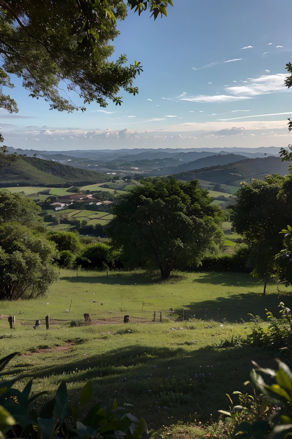 Foreground vegetation , plano intermedio uma aldeia e plano de fundo uma serra com varias estradas